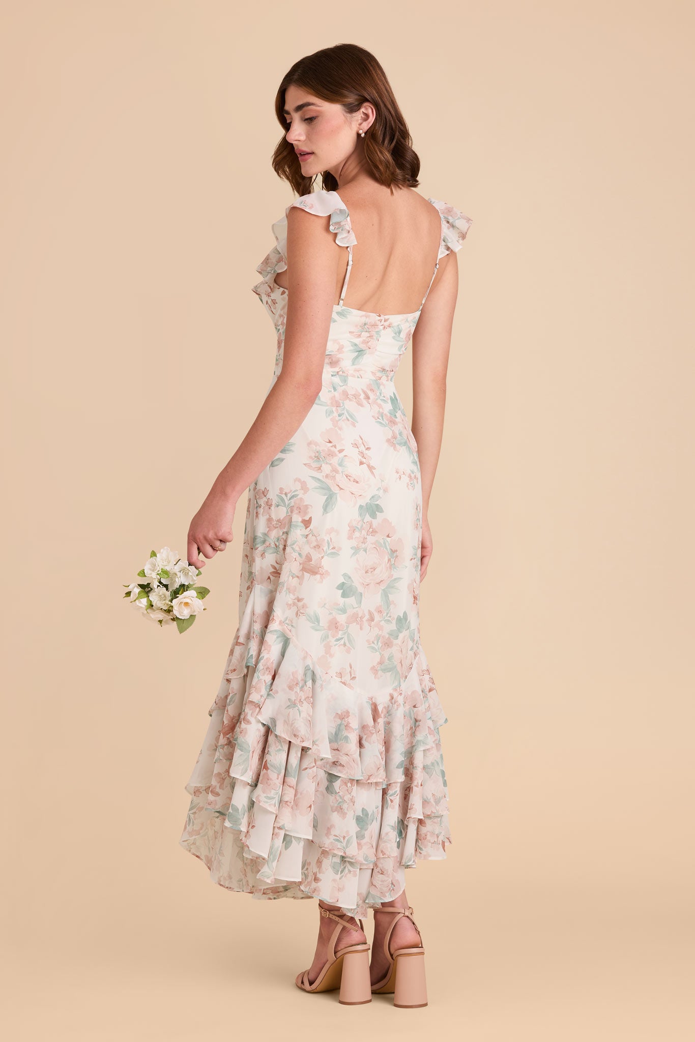 Ginny Dusty Apricot Peonies Chiffon Bridesmaid Dress | Birdy Grey