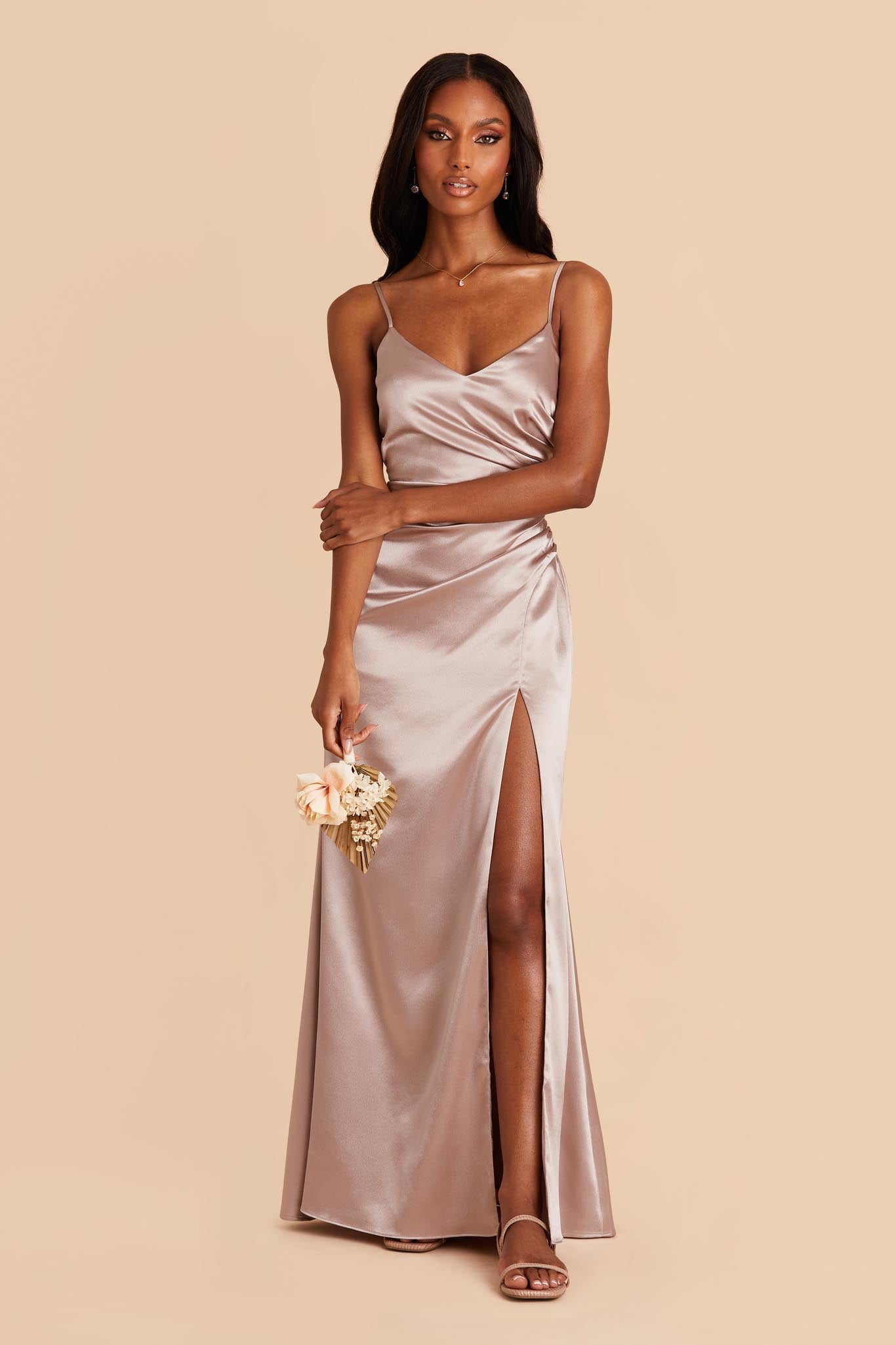 Catherine Shiny Satin Dress - Taupe