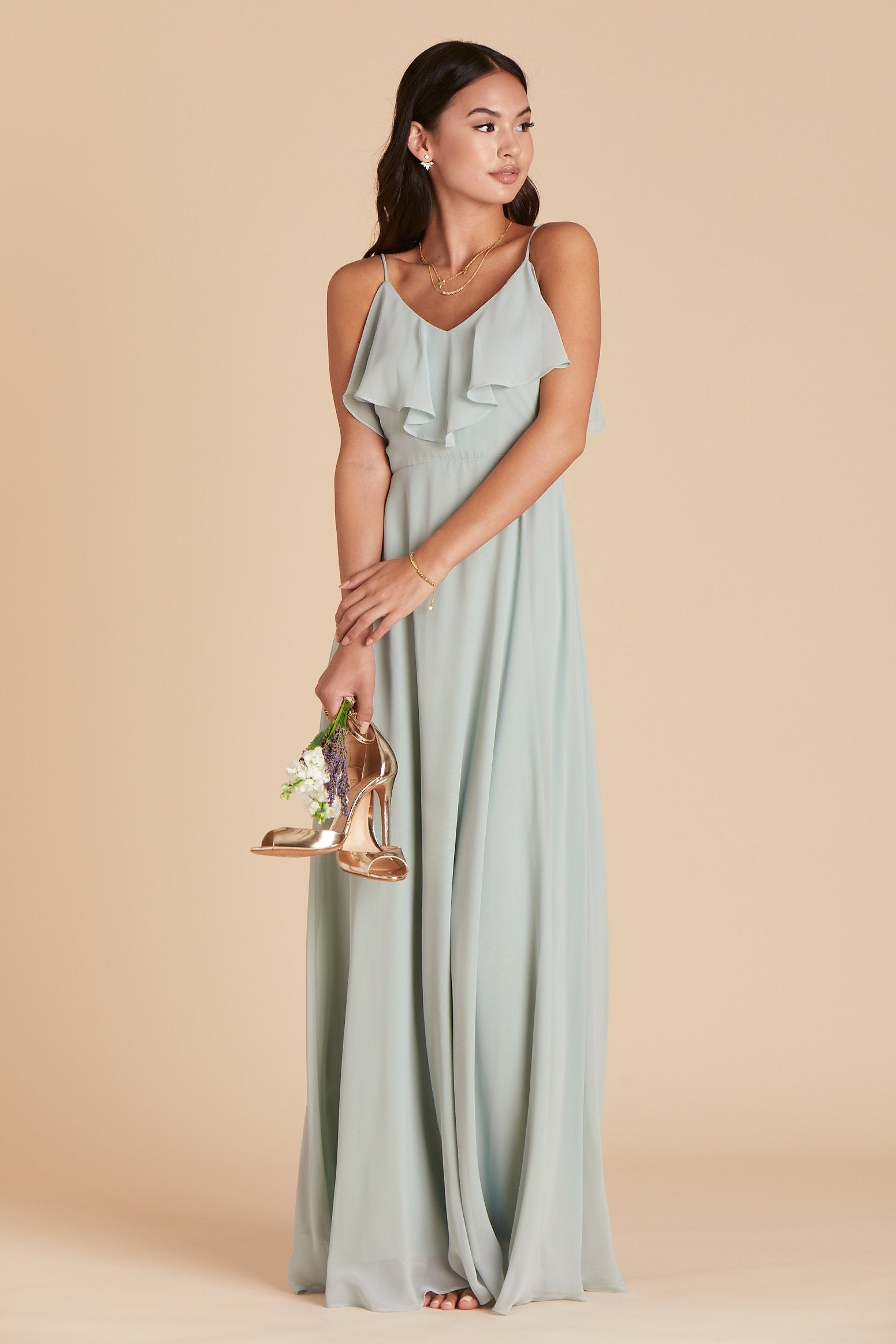 Jane convertible bridesmaid dress in sage green chiffon by Birdy Grey, front view