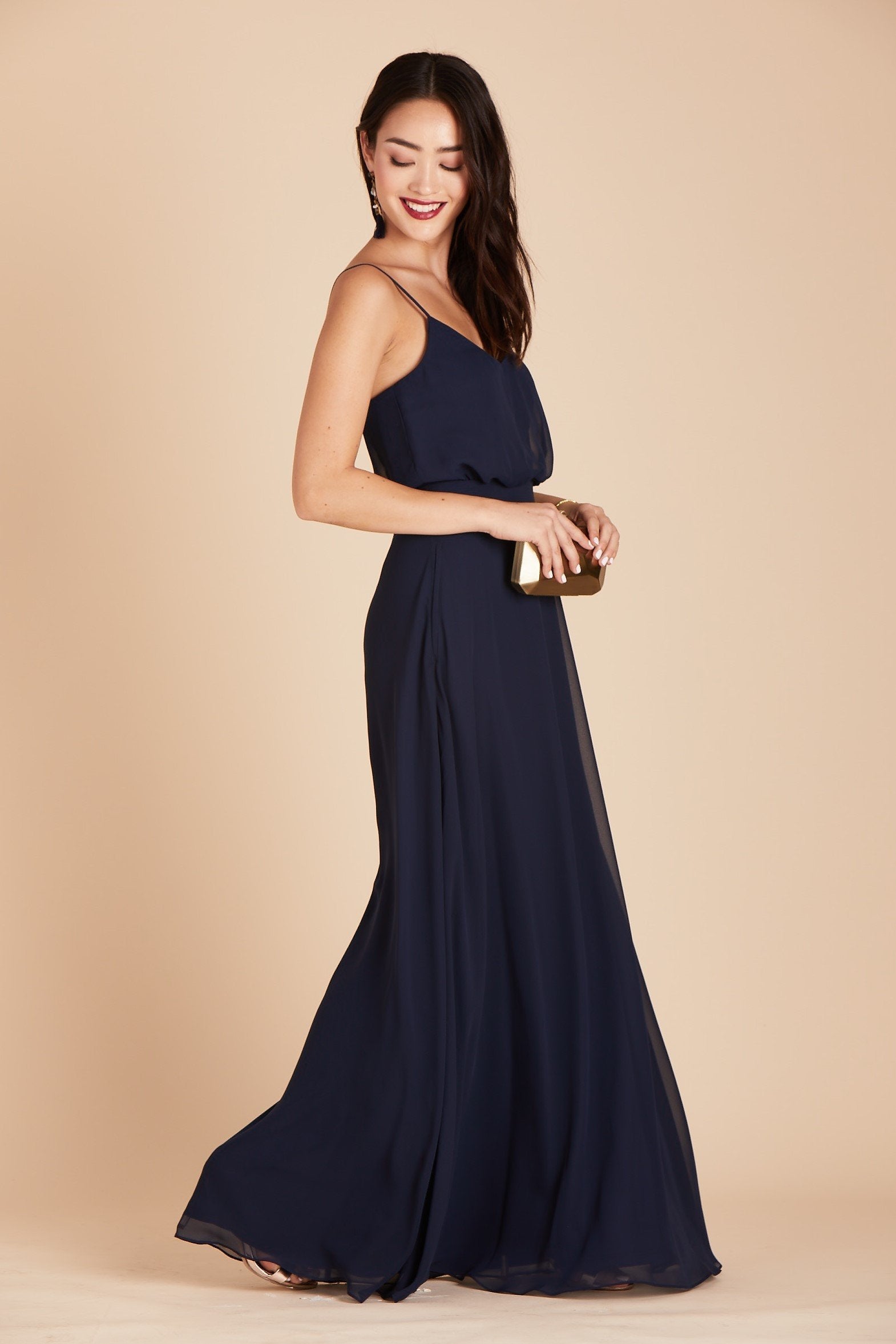 Gwennie bridesmaid dress in navy blue chiffon by Birdy Grey, side view