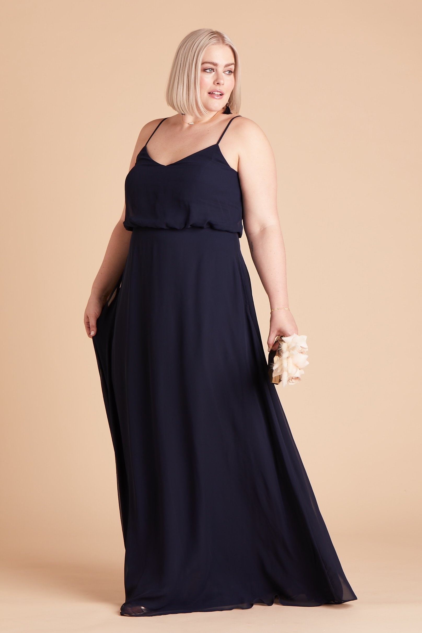 Gwennie plus size bridesmaid dress in navy blue chiffon by Birdy Grey, front view