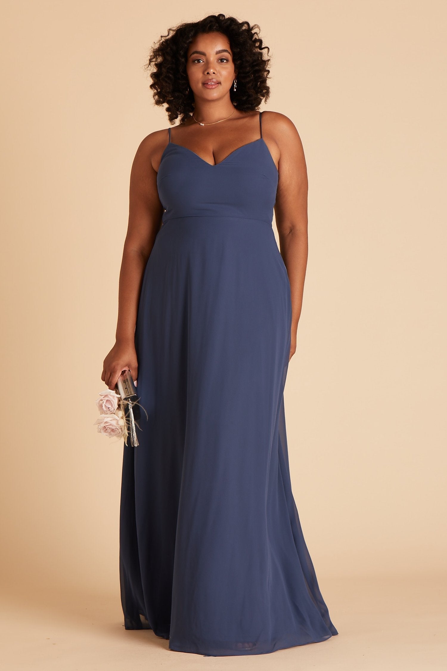 Devin convertible plus size bridesmaids dress in slate blue chiffon by Birdy Grey, front view