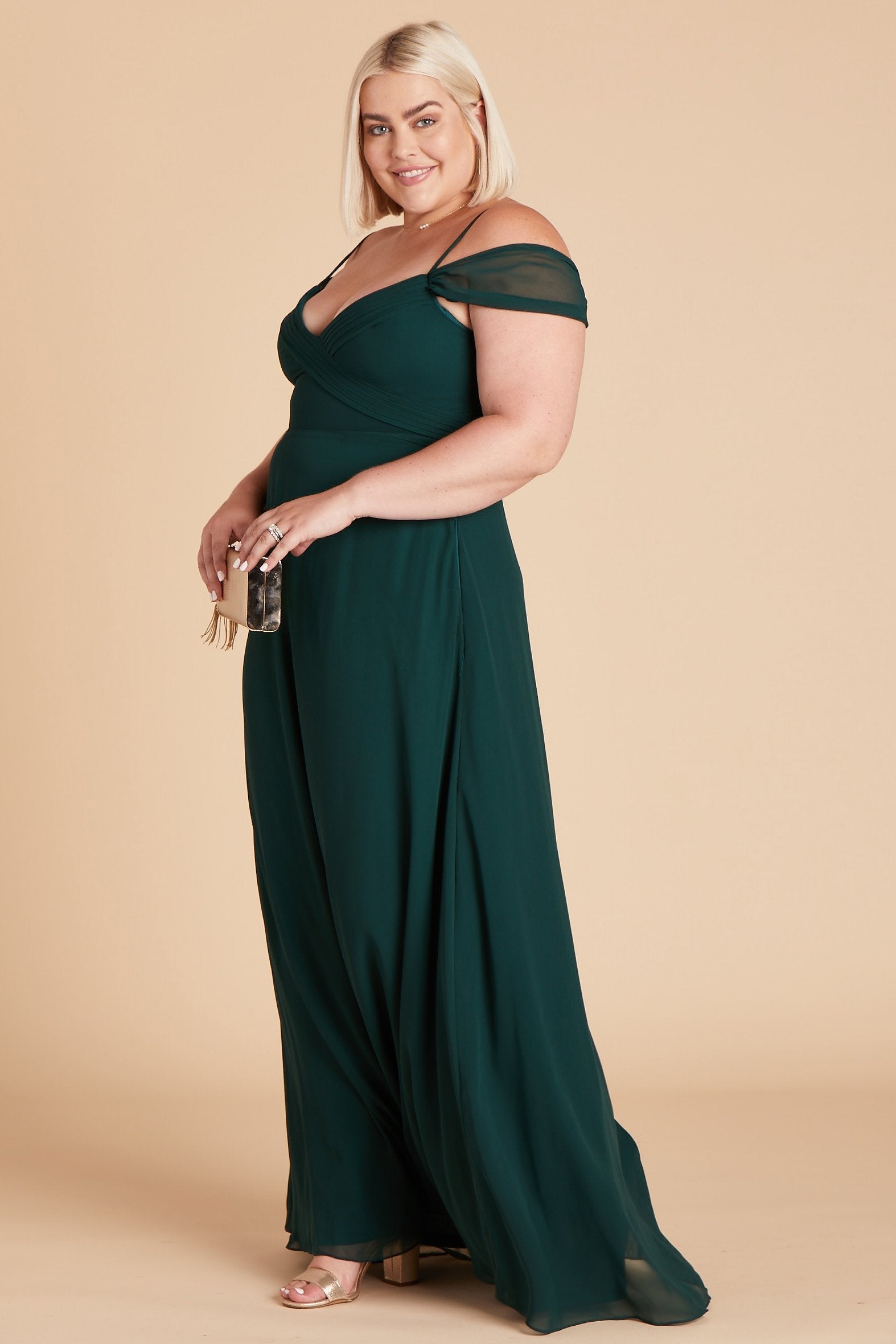 Spence convertible plus size bridesmaid dress in emerald green chiffon by Birdy Grey, side view