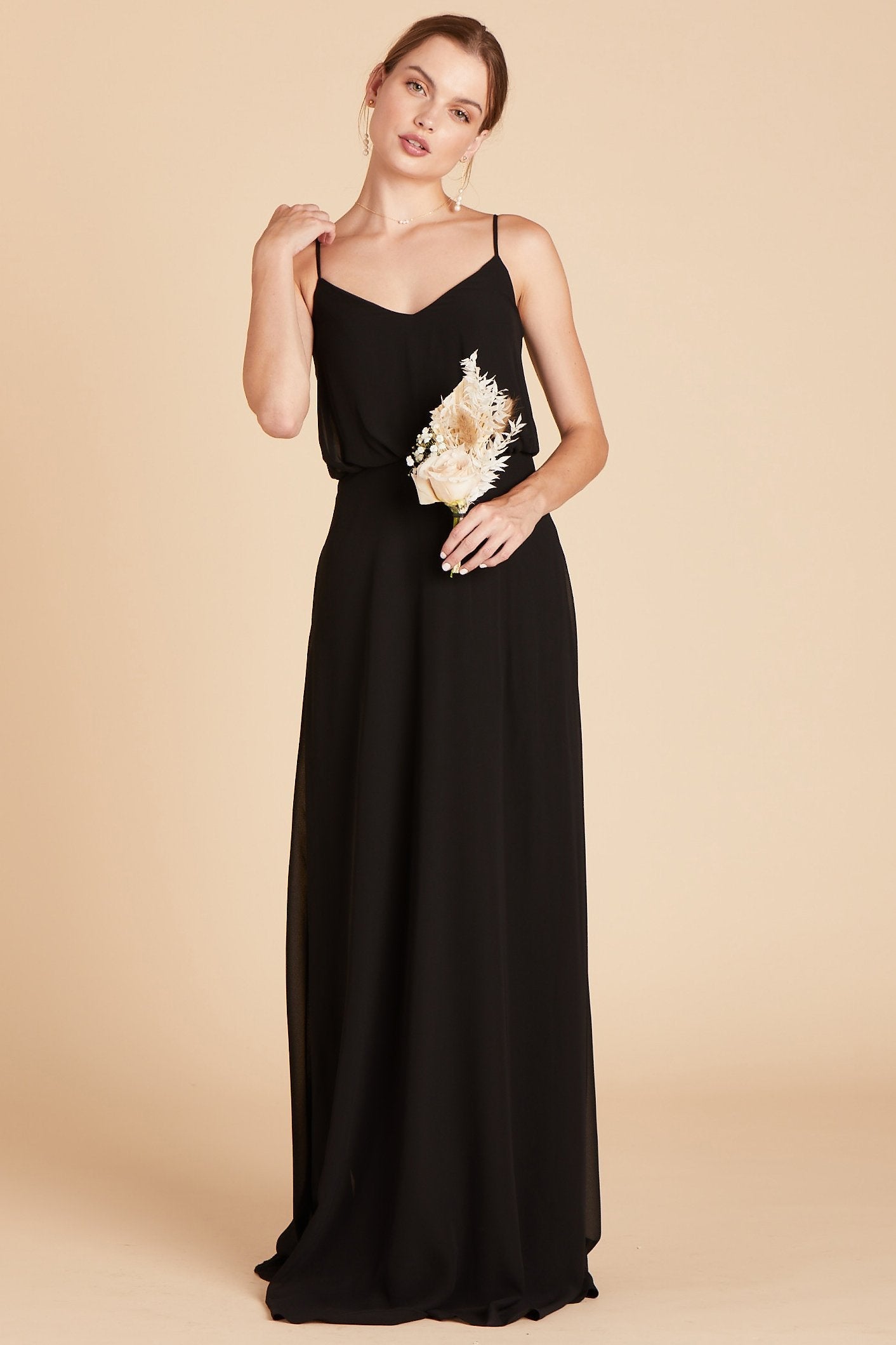 Gwennie bridesmaid dress in black chiffon by Birdy Grey, front view