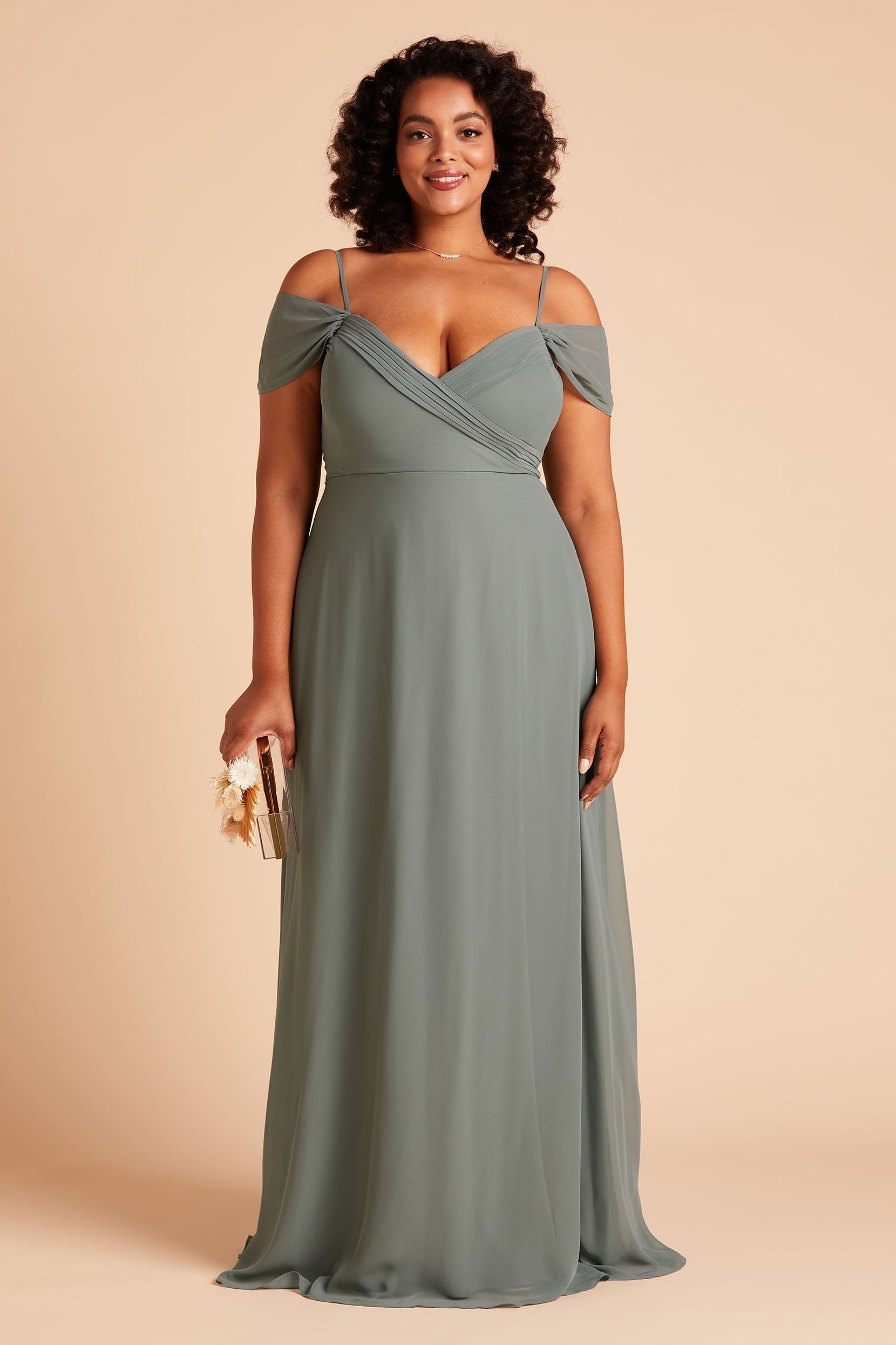 Spence convertible plus size bridesmaid dress in sea glass green chiffon by Birdy Grey, front view