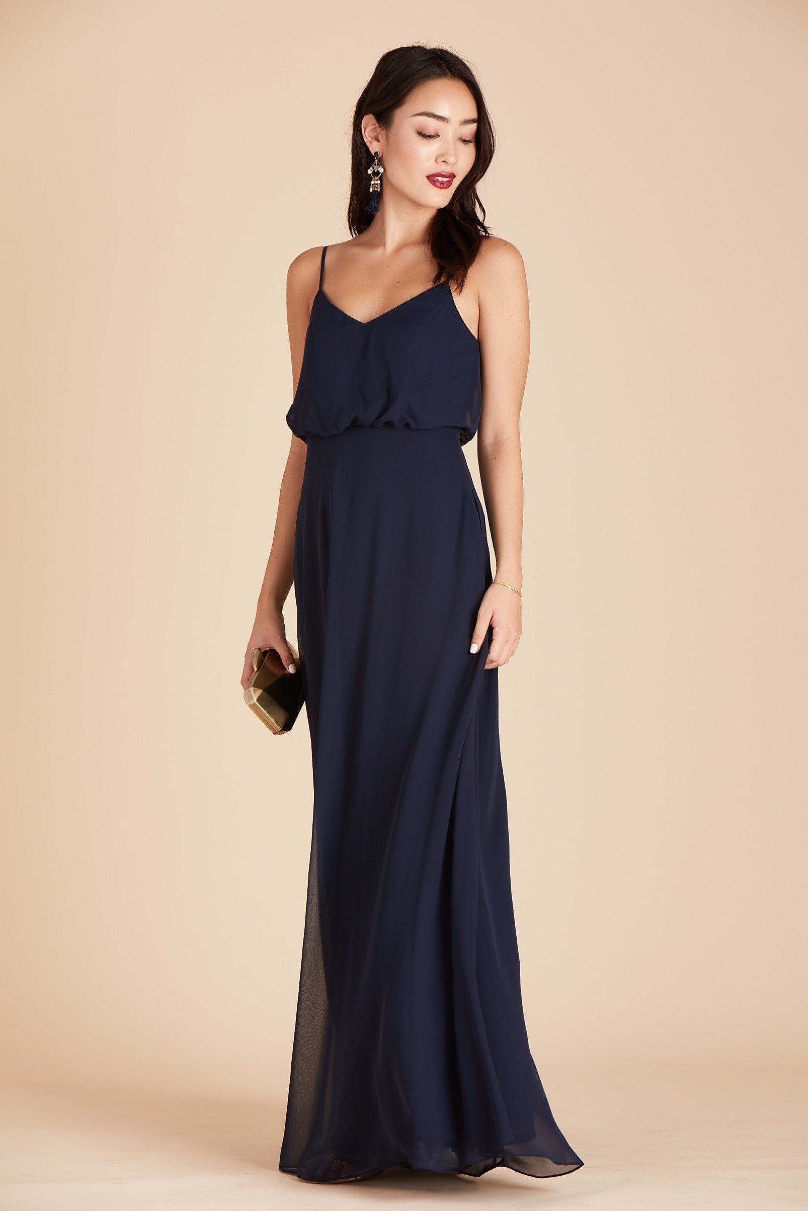 Gwennie bridesmaid dress in navy blue chiffon by Birdy Grey, front view