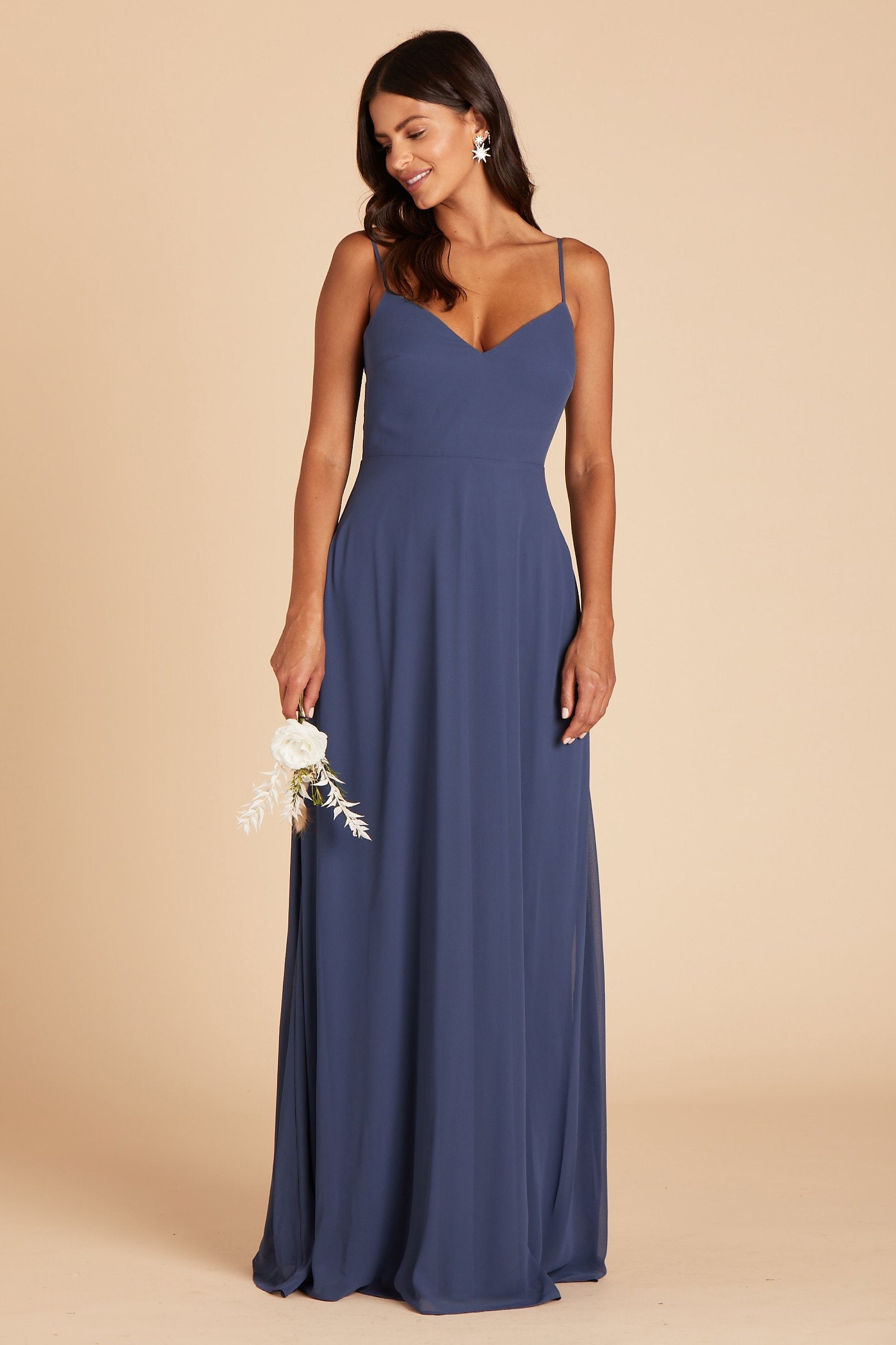 Devin convertible bridesmaids dress with slit in slate blue chiffon by Birdy Grey, front view