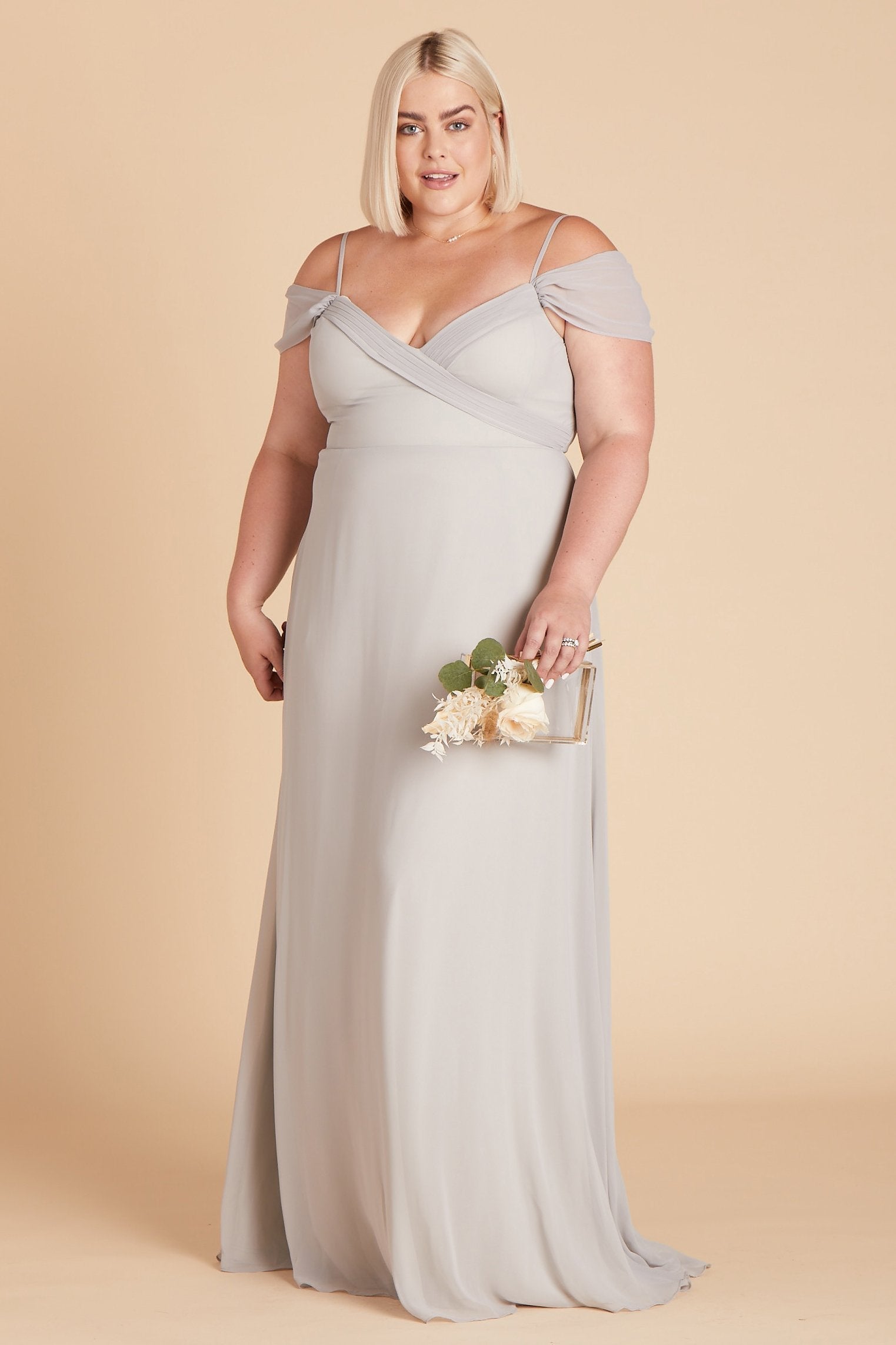 Spence convertible plus size bridesmaid dress in silver chiffon by Birdy Grey, front view