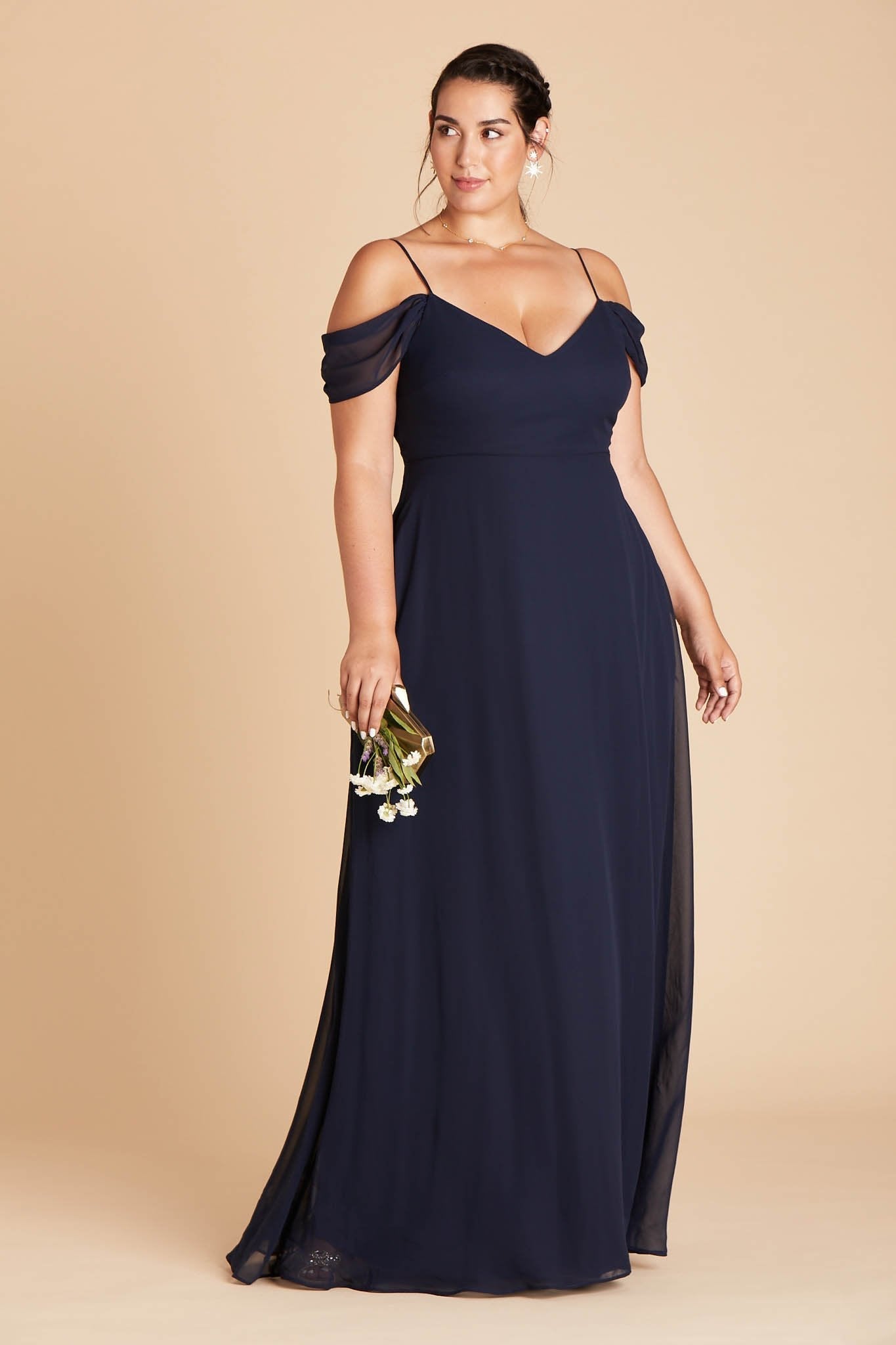 Devin convertible plus size bridesmaids dress in navy blue chiffon by Birdy Grey, front view