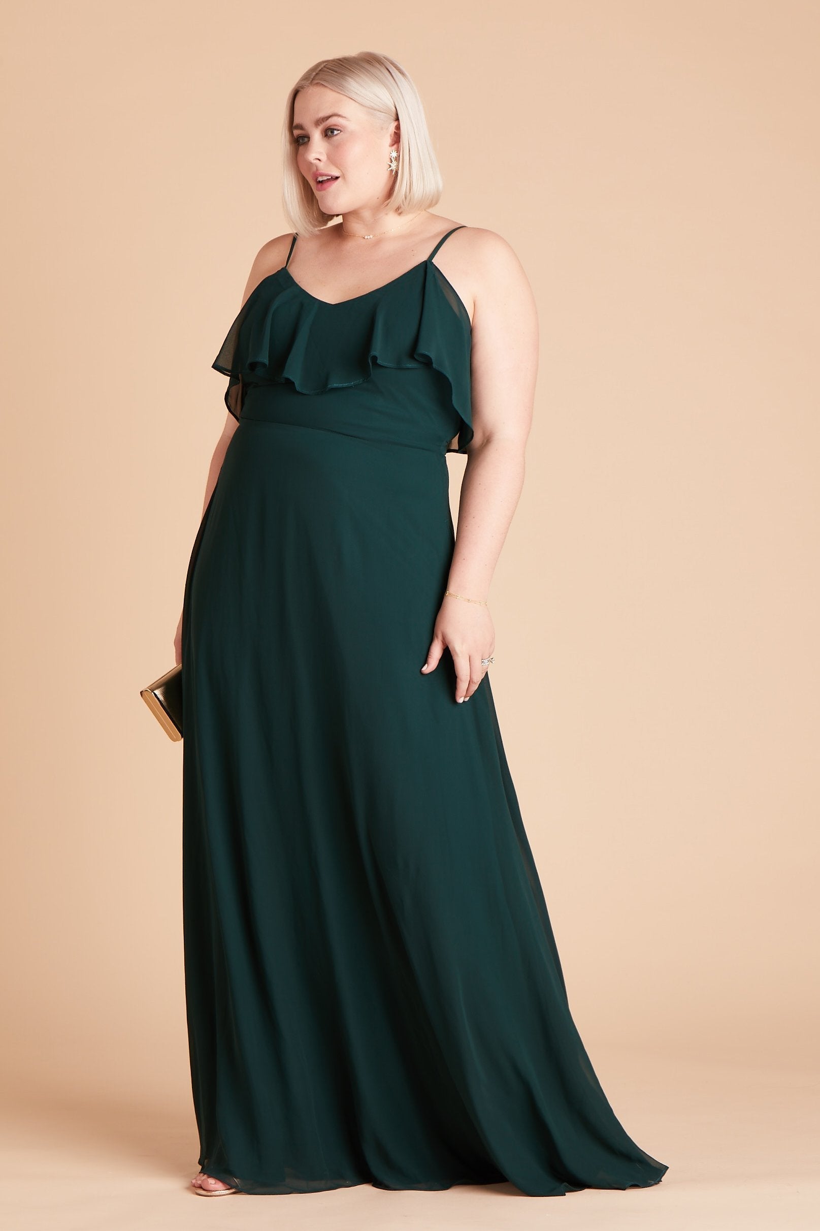 Jane convertible plus size bridesmaid dress in emerald green chiffon by Birdy Grey, side view