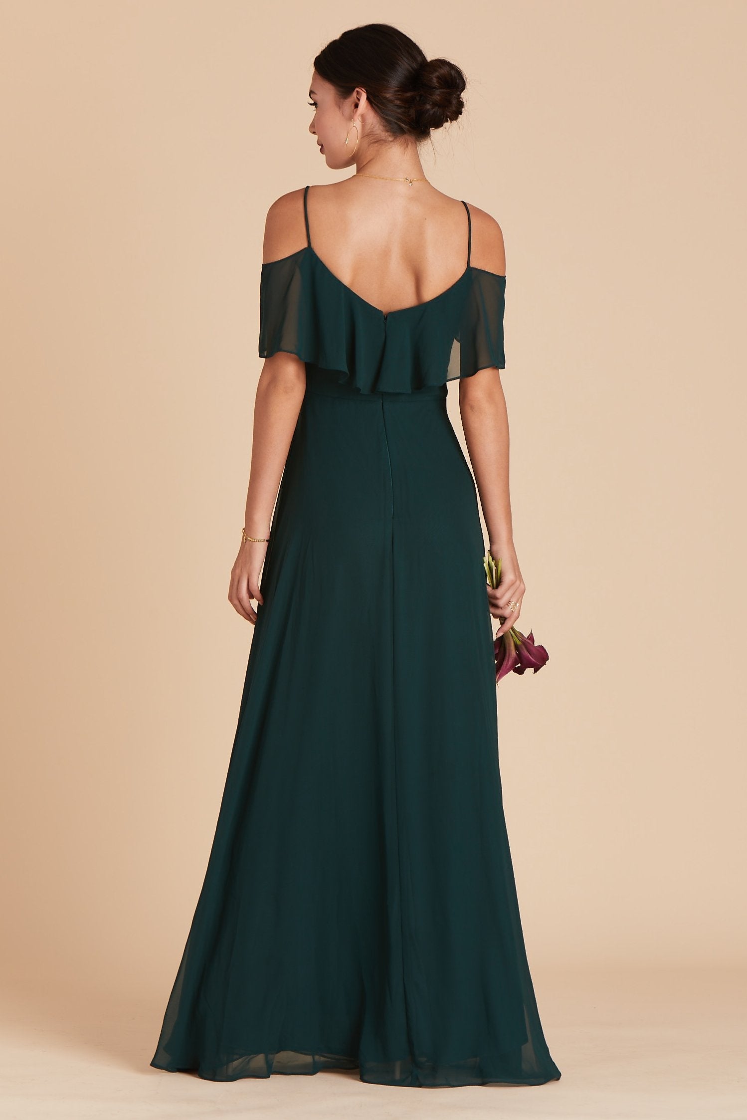 Jane convertible bridesmaid dress with slit in emerald green chiffon by Birdy Grey, back view