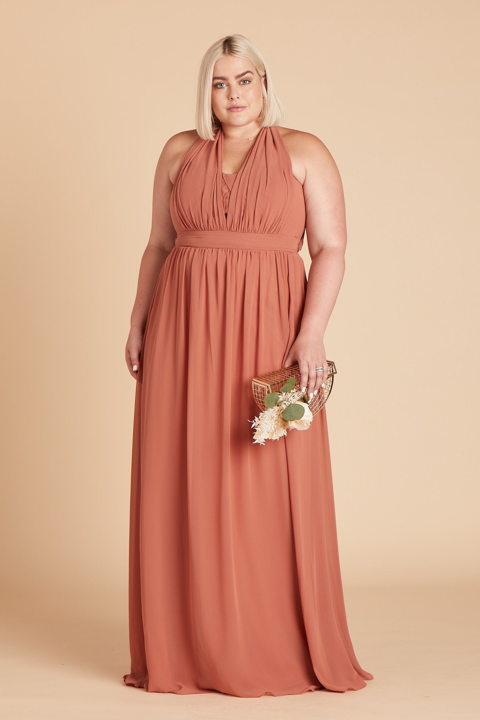 Grace convertible plus size bridesmaid dress in terracotta orange chiffon by Birdy Grey, front view