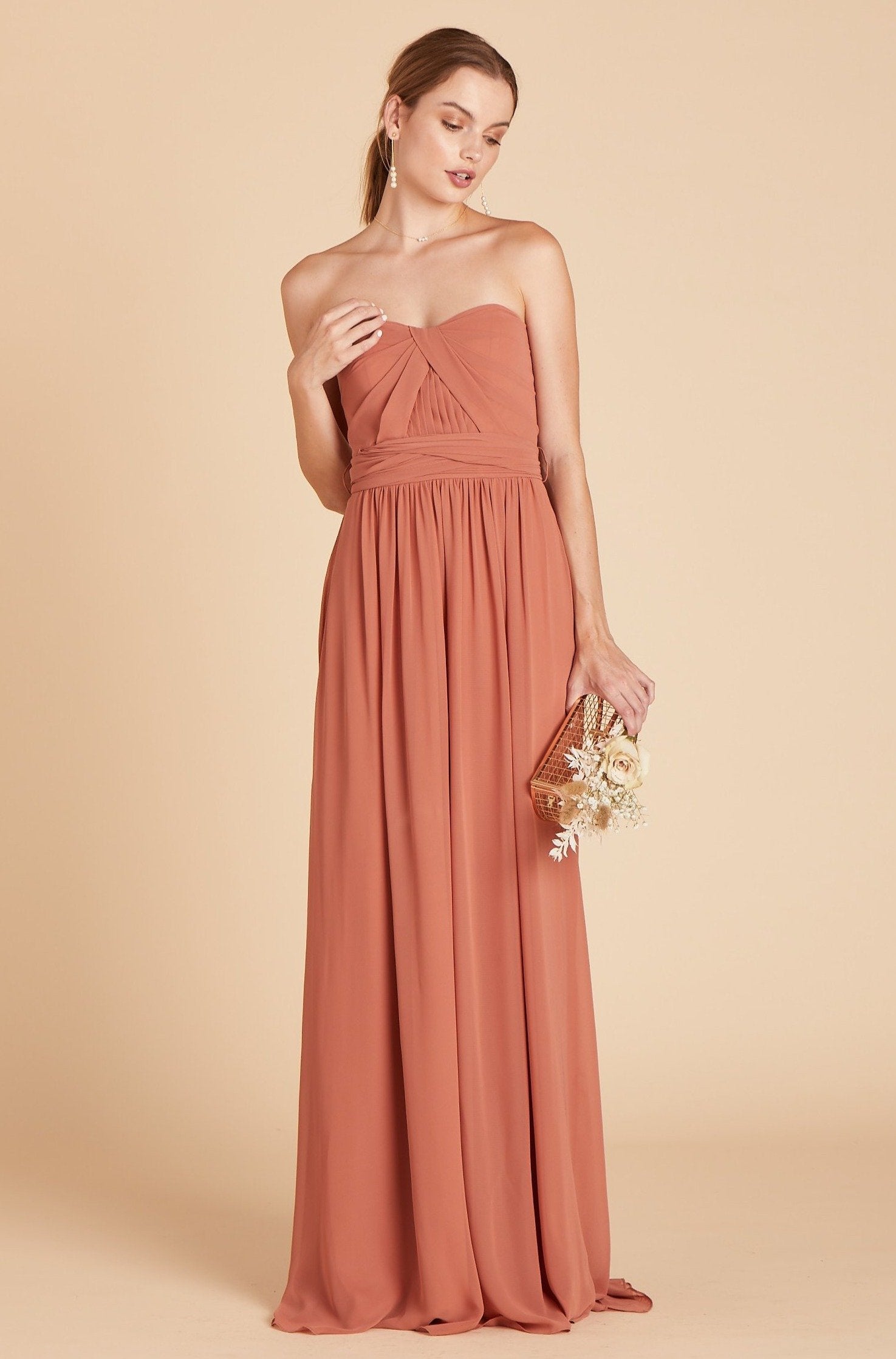 Grace convertible bridesmaid dress in terracotta orange chiffon by Birdy Grey, front view