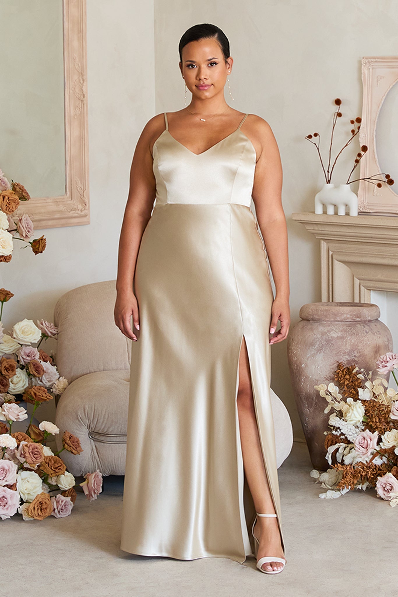 Jay Shiny Satin Dress - Neutral Champagne by Birdy Grey