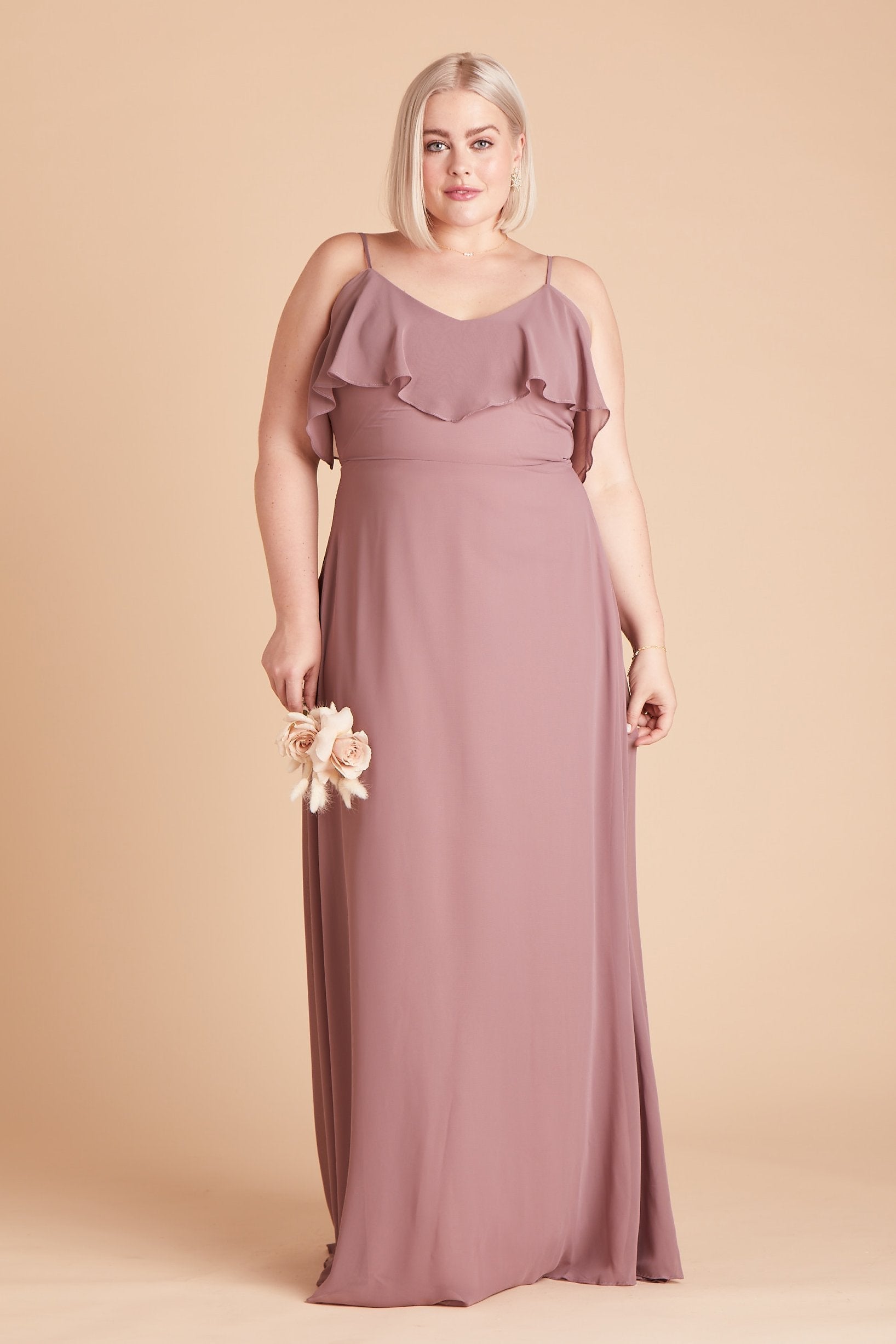 Jane convertible plus size bridesmaid dress in dark mauve chiffon by Birdy Grey, front view