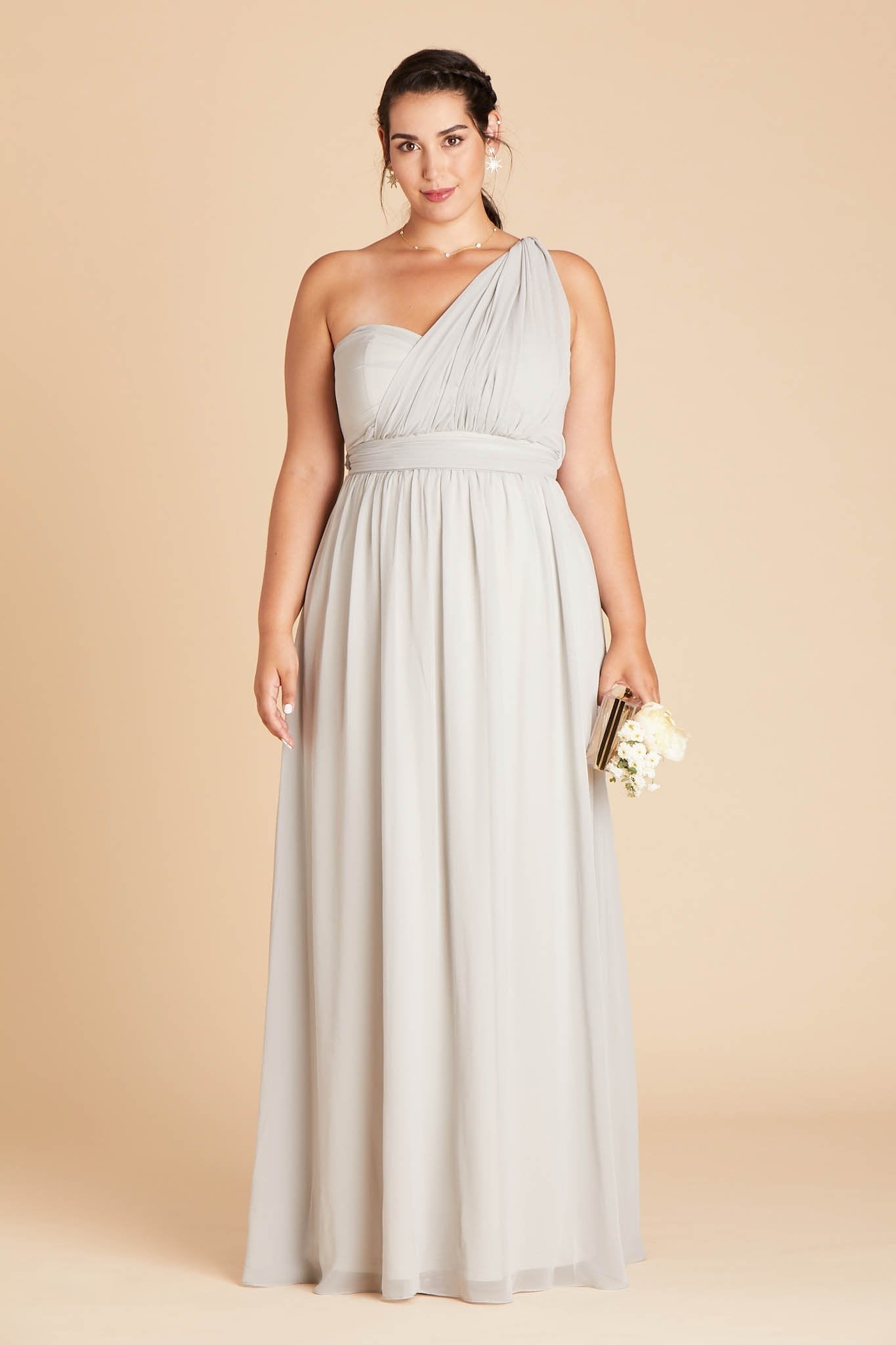 Grace convertible plus size bridesmaid dress in dove gray chiffon by Birdy Grey, front view