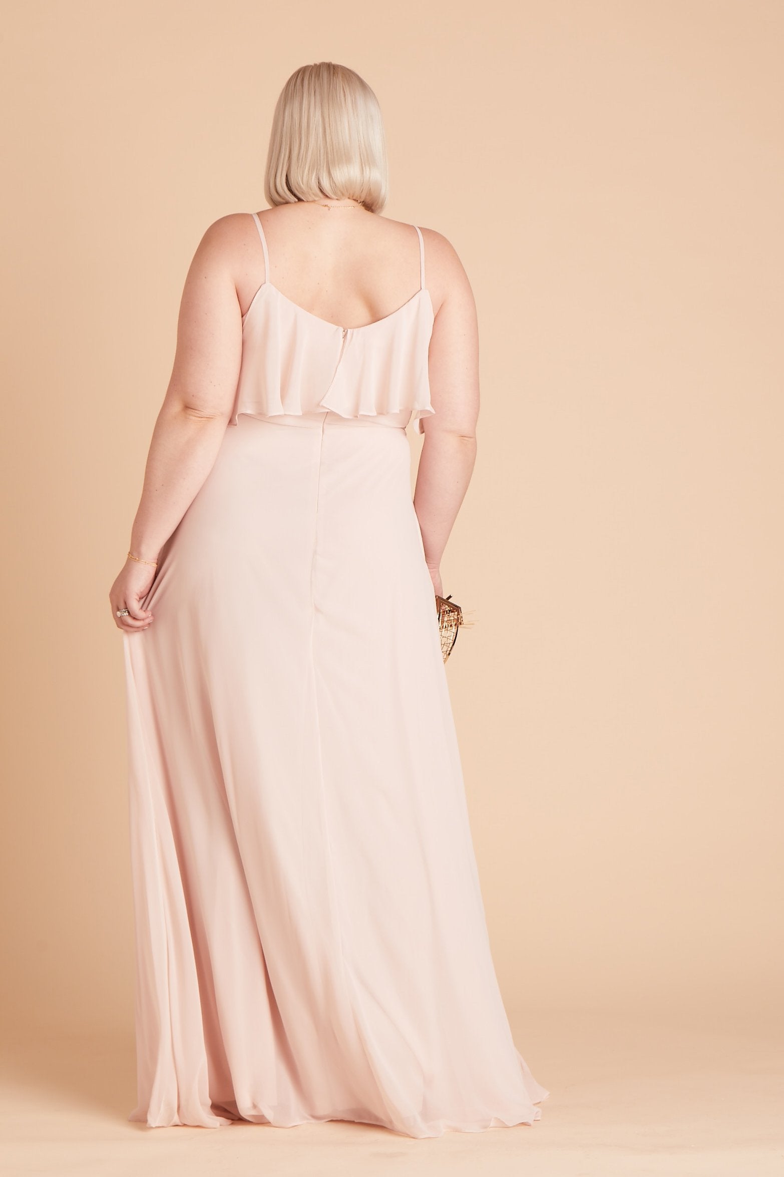 Jane convertible plus size bridesmaid dress in pale blush chiffon by Birdy Grey, back view