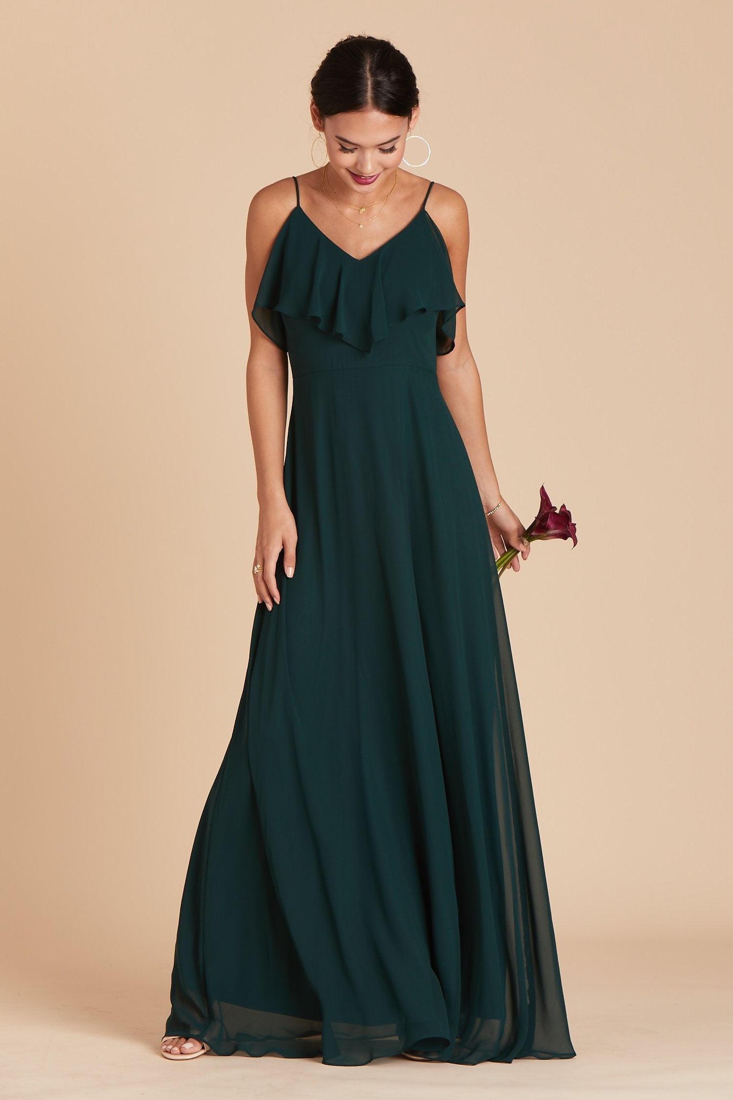 Jane convertible bridesmaid dress with slit in emerald green chiffon by Birdy Grey, front view