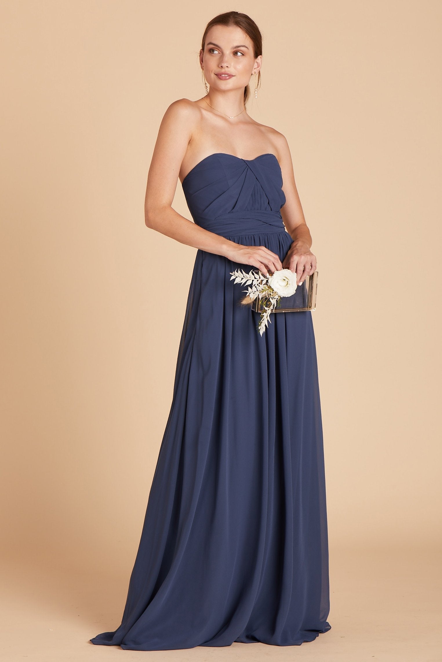 Grace convertible bridesmaid dress in slate blue chiffon by Birdy Grey, front view