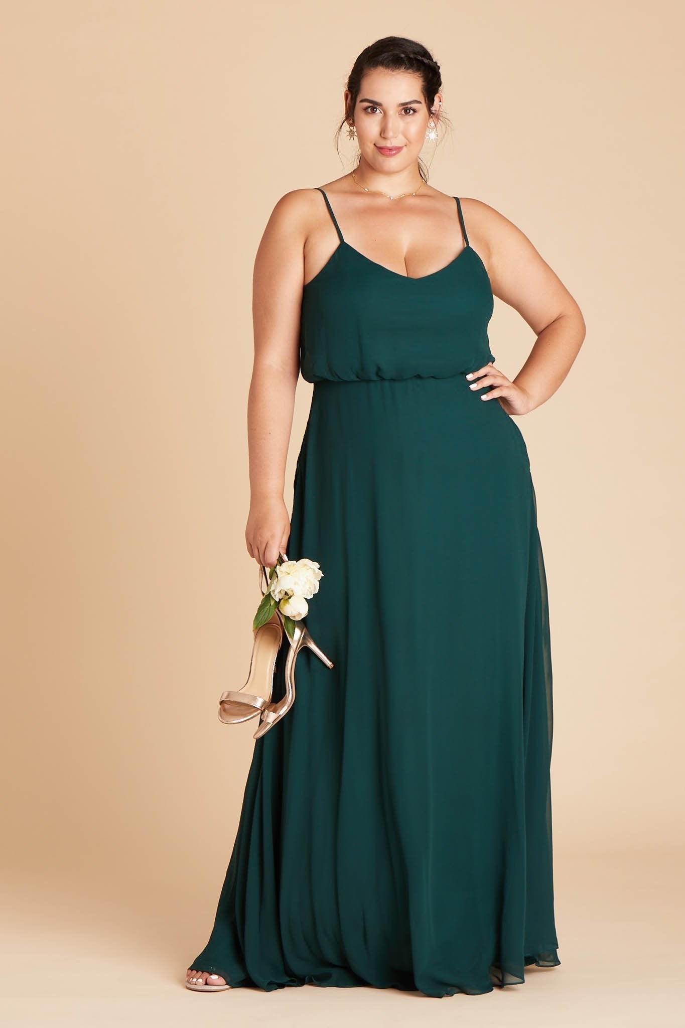 Gwennie plus size bridesmaid dress in emerald green chiffon by Birdy Grey, front view