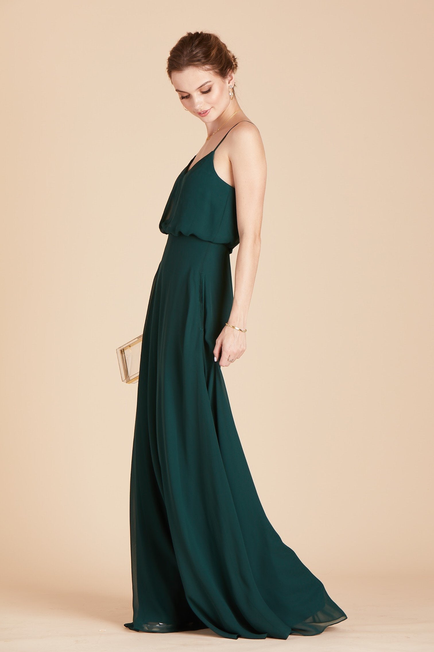 Gwennie bridesmaid dress in emerald green chiffon by Birdy Grey, side view