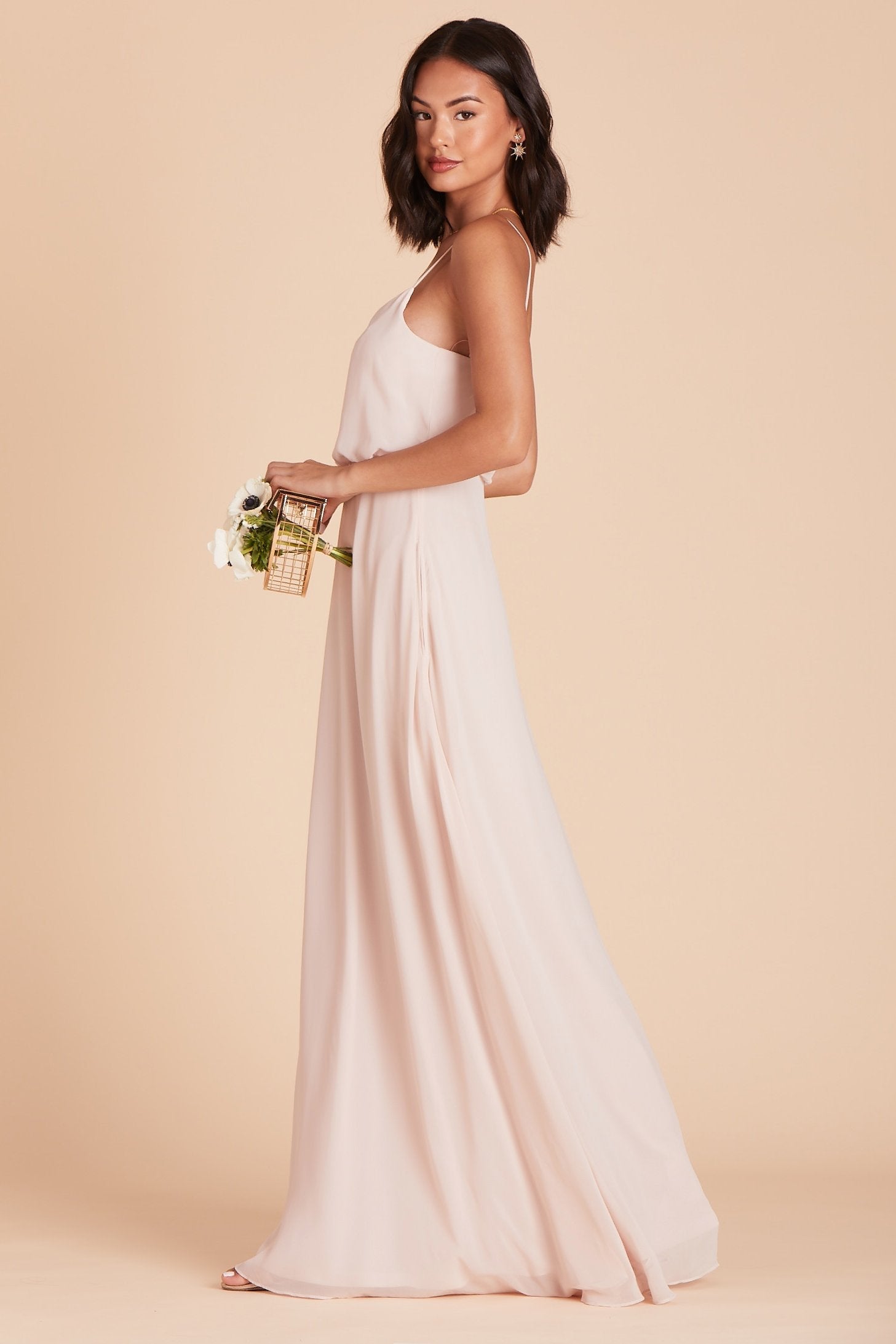 Gwennie bridesmaid dress in pale blush chiffon by Birdy Grey, side view