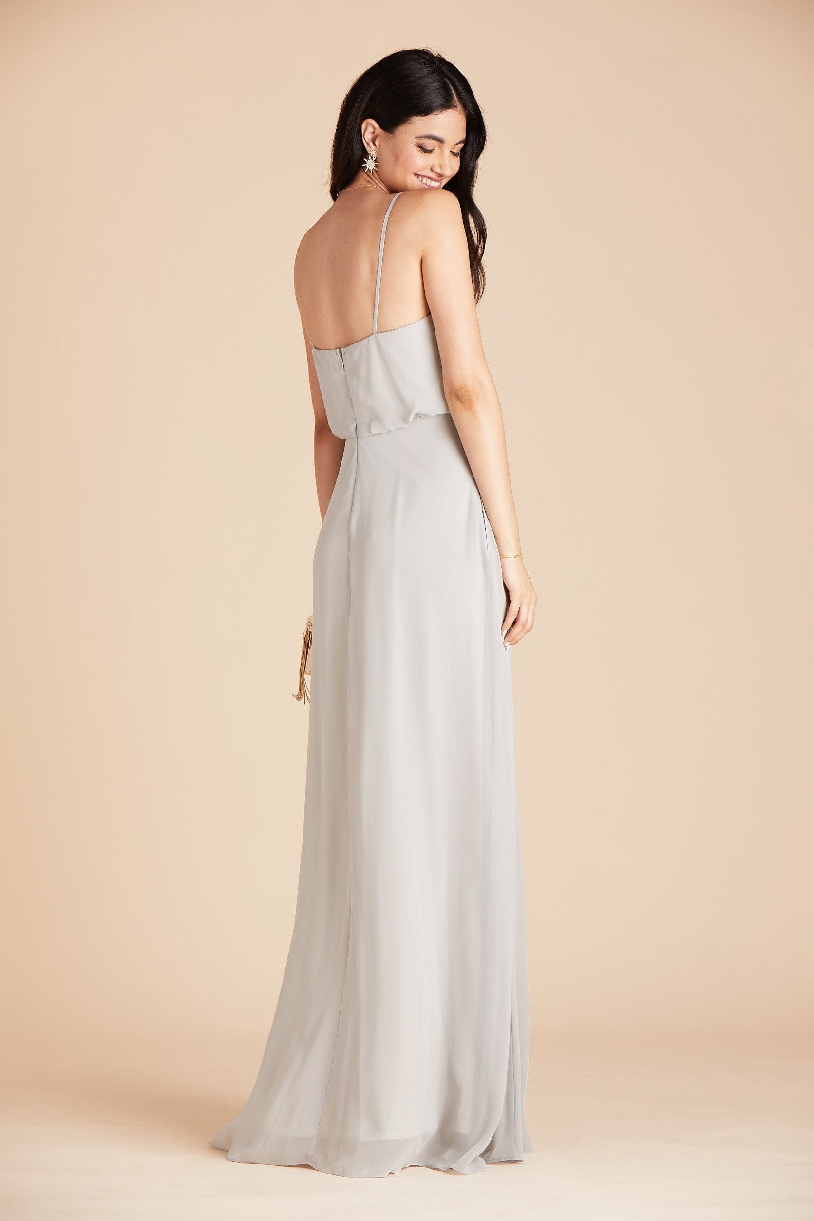 Gwennie bridesmaid dress in dove gray chiffon by Birdy Grey, side view