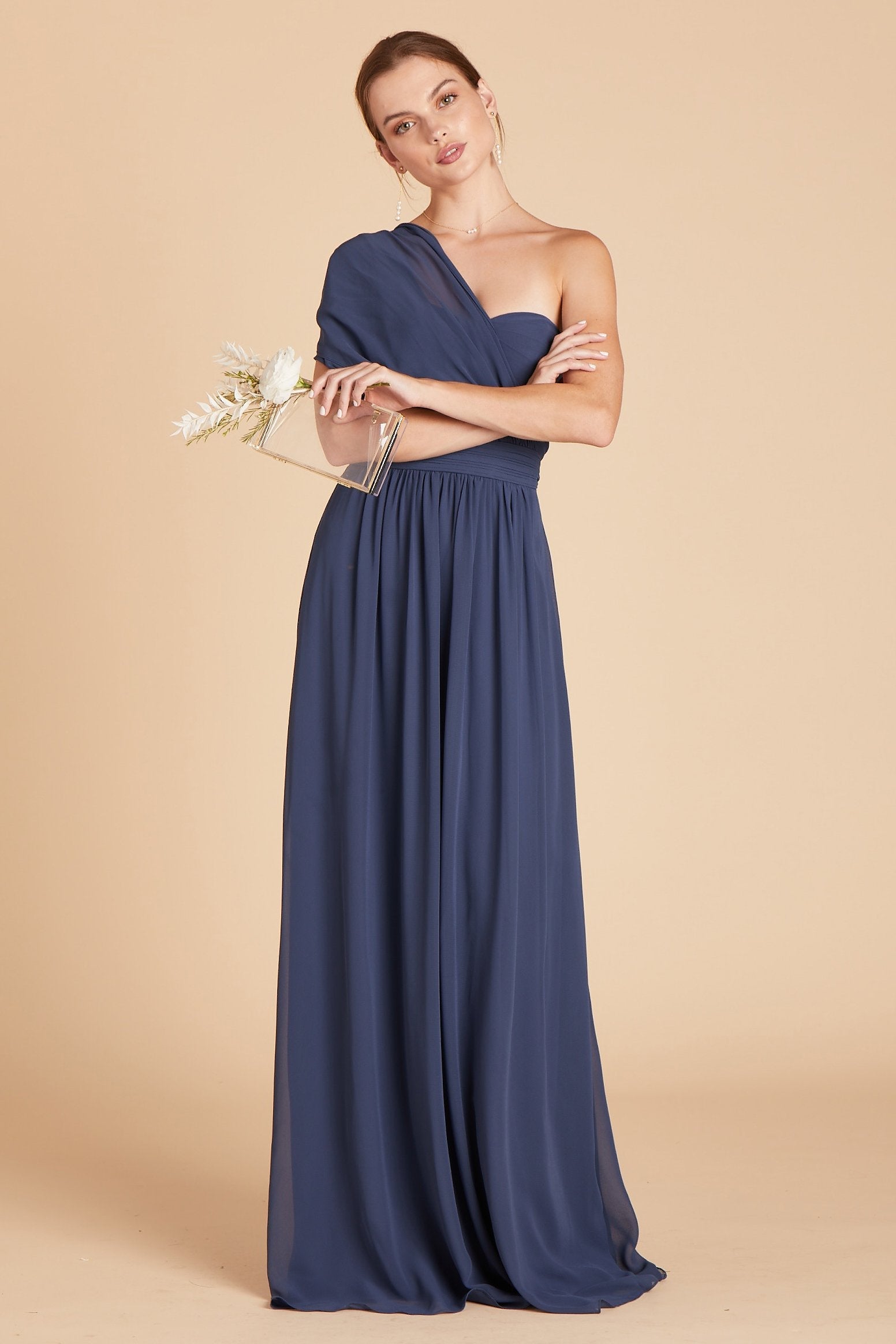 Grace convertible bridesmaid dress in slate blue chiffon by Birdy Grey, front view