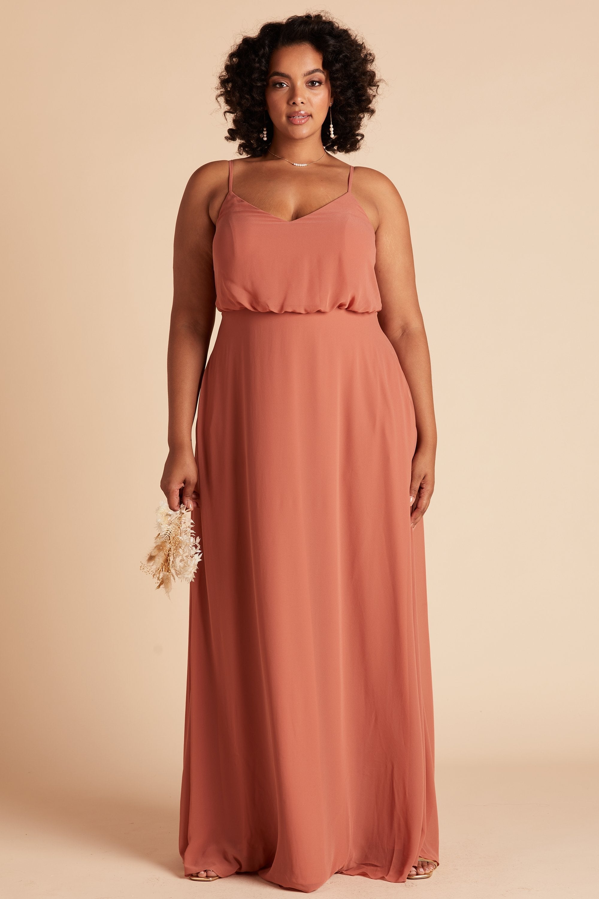 Gwennie plus size bridesmaid dress in terracotta chiffon by Birdy Grey, front view