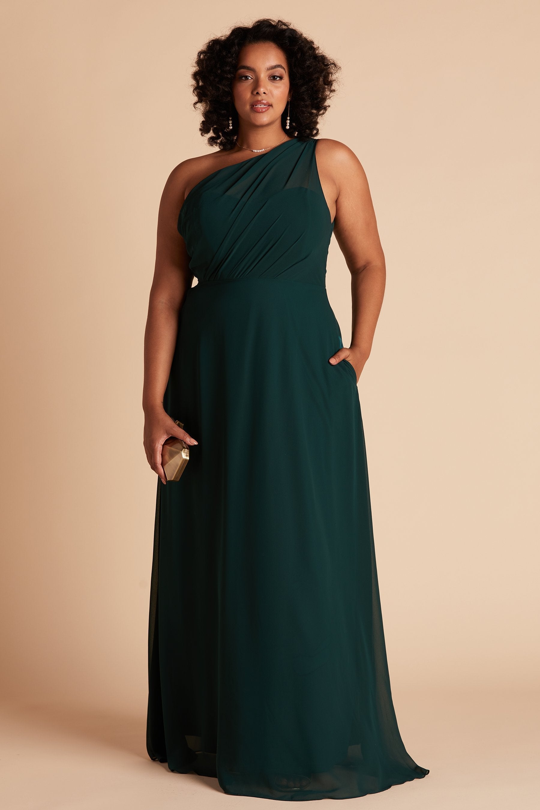 Kira plus size bridesmaid dress in emerald chiffon by Birdy Grey, front view