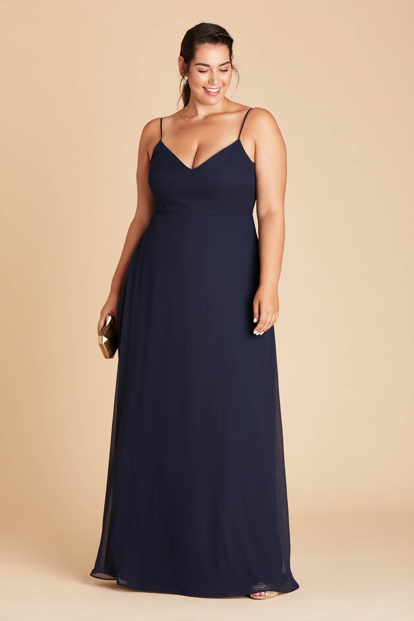 Devin convertible plus size bridesmaids dress in navy blue chiffon by Birdy Grey, front view