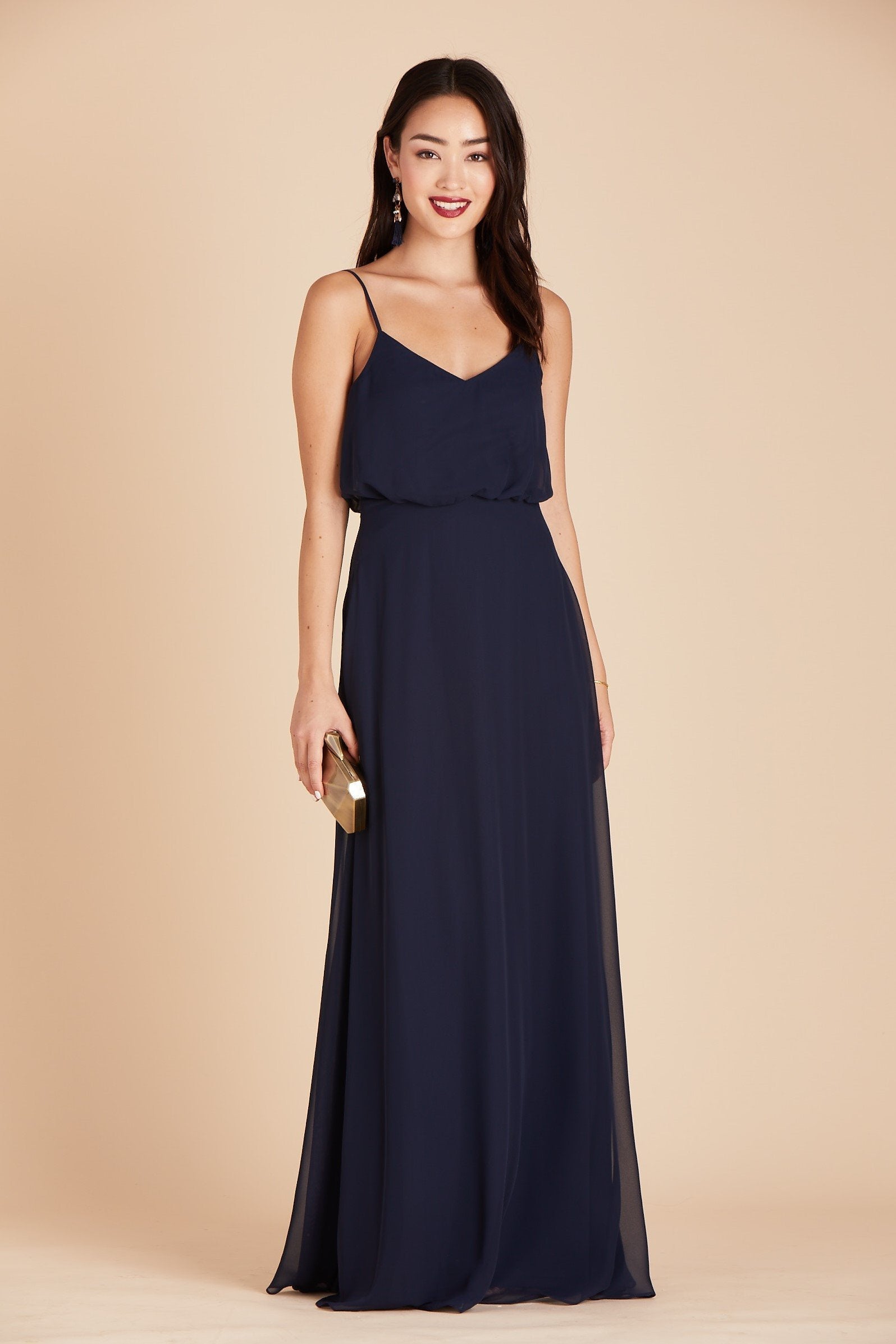 Gwennie bridesmaid dress in navy blue chiffon by Birdy Grey, front view