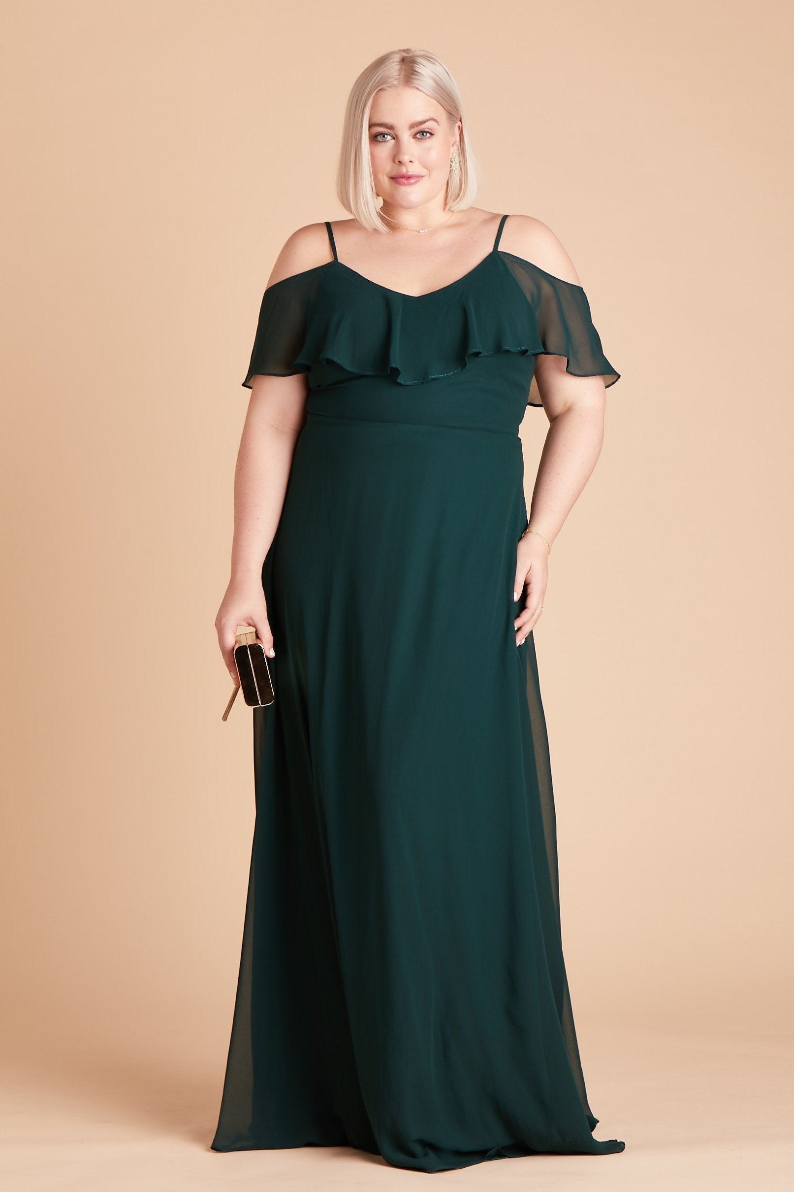 Jane convertible plus size bridesmaid dress in emerald green chiffon by Birdy Grey, front view