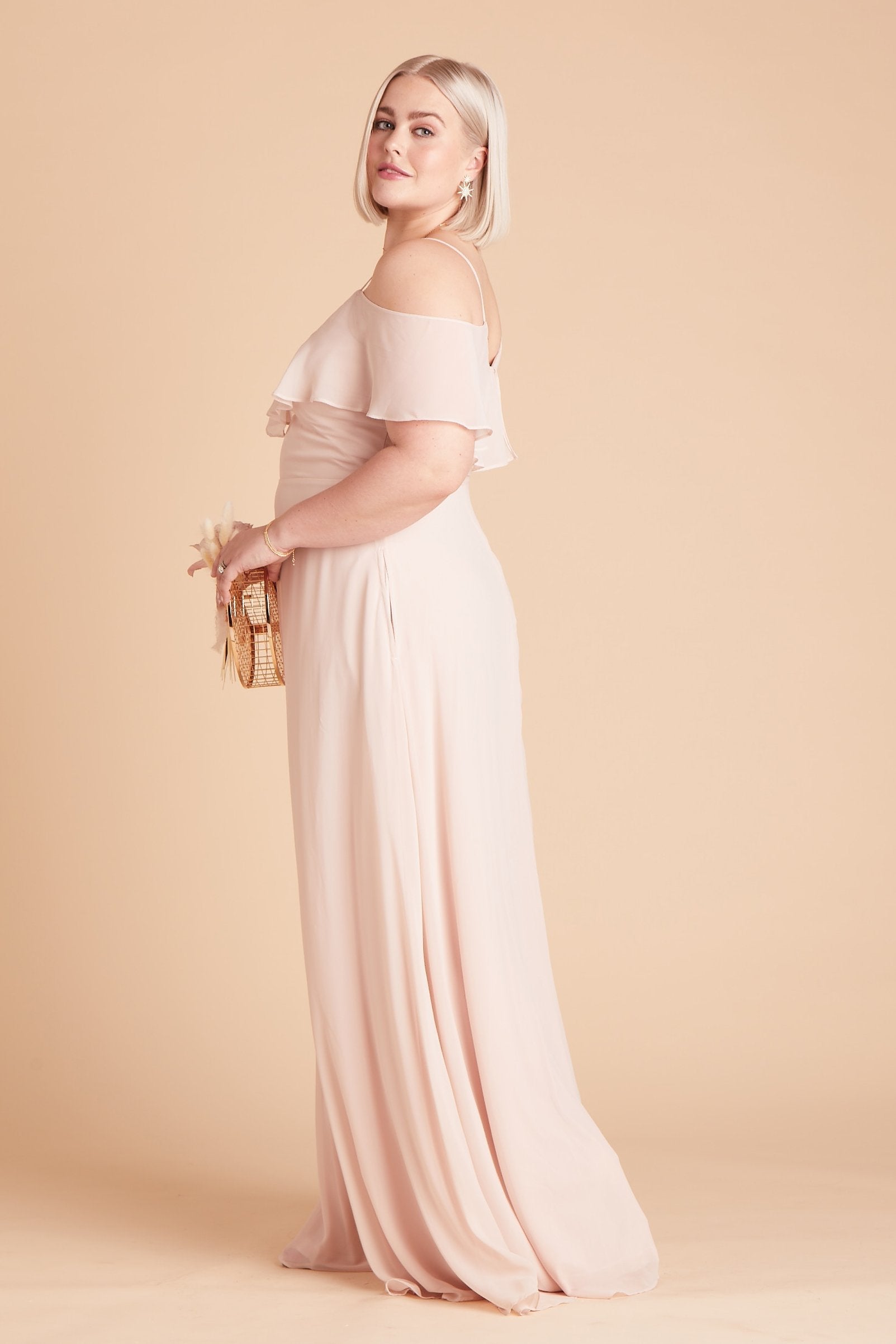 Jane convertible plus size bridesmaid dress in pale blush chiffon by Birdy Grey, side view