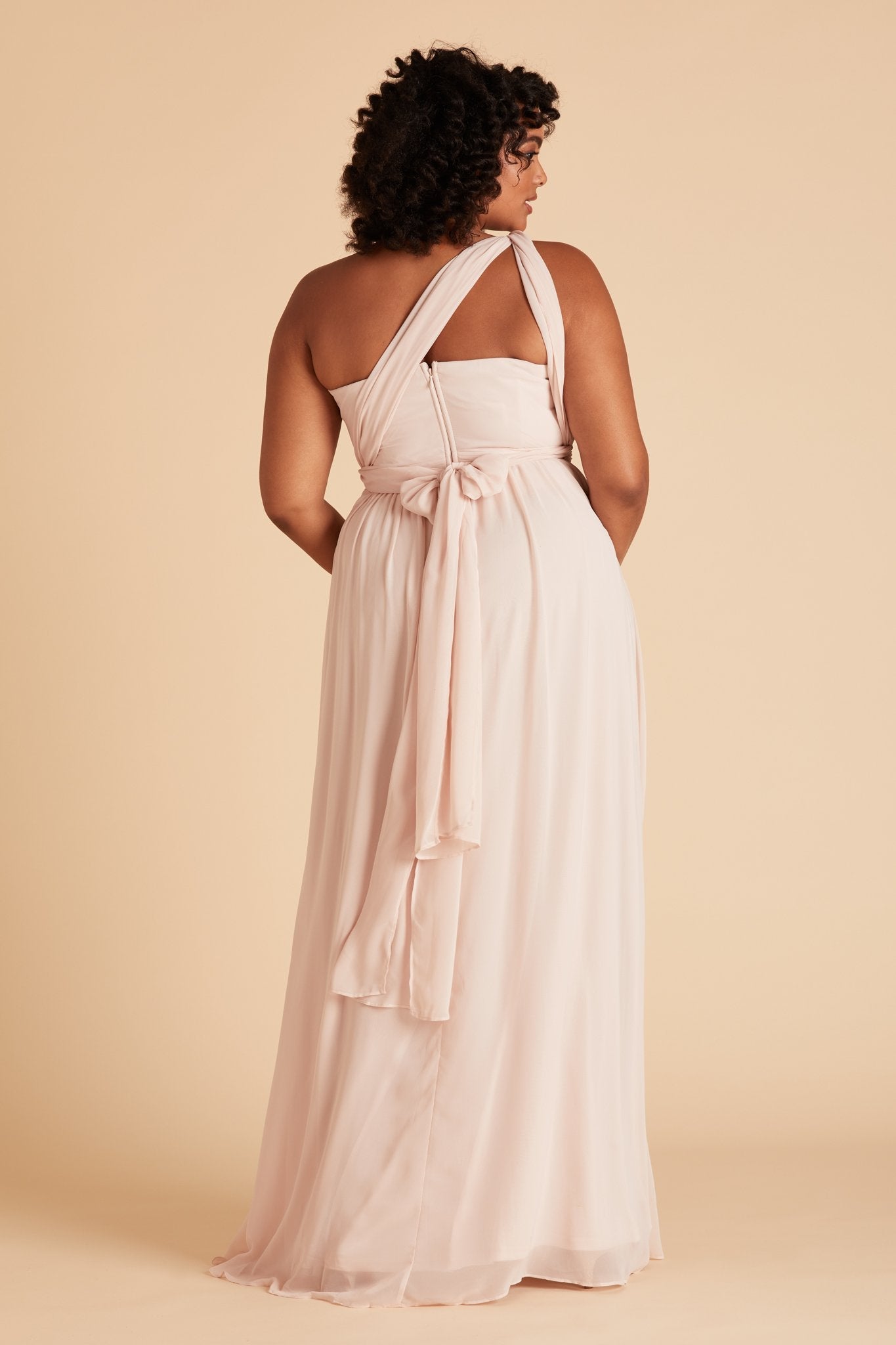 Grace convertible plus size bridesmaid dress in pale blush pink chiffon by Birdy Grey, back view