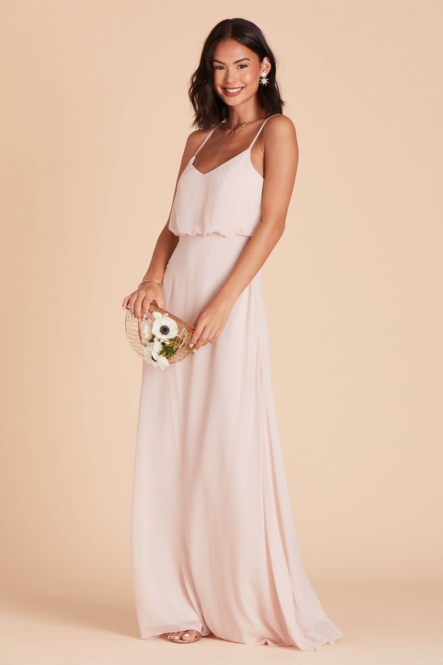 Gwennie bridesmaid dress in pale blush chiffon by Birdy Grey, front view