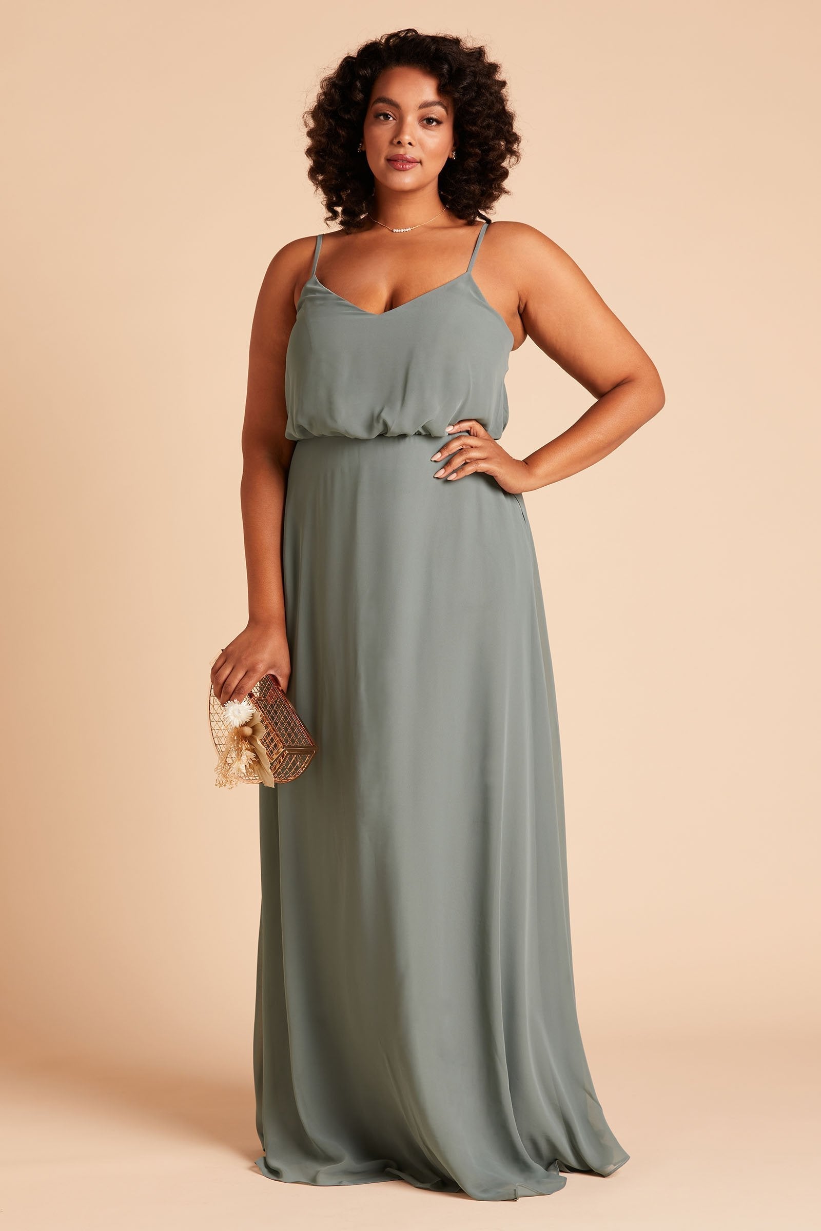 Gwennie plus size bridesmaid dress in sea glass green chiffon by Birdy Grey, front view