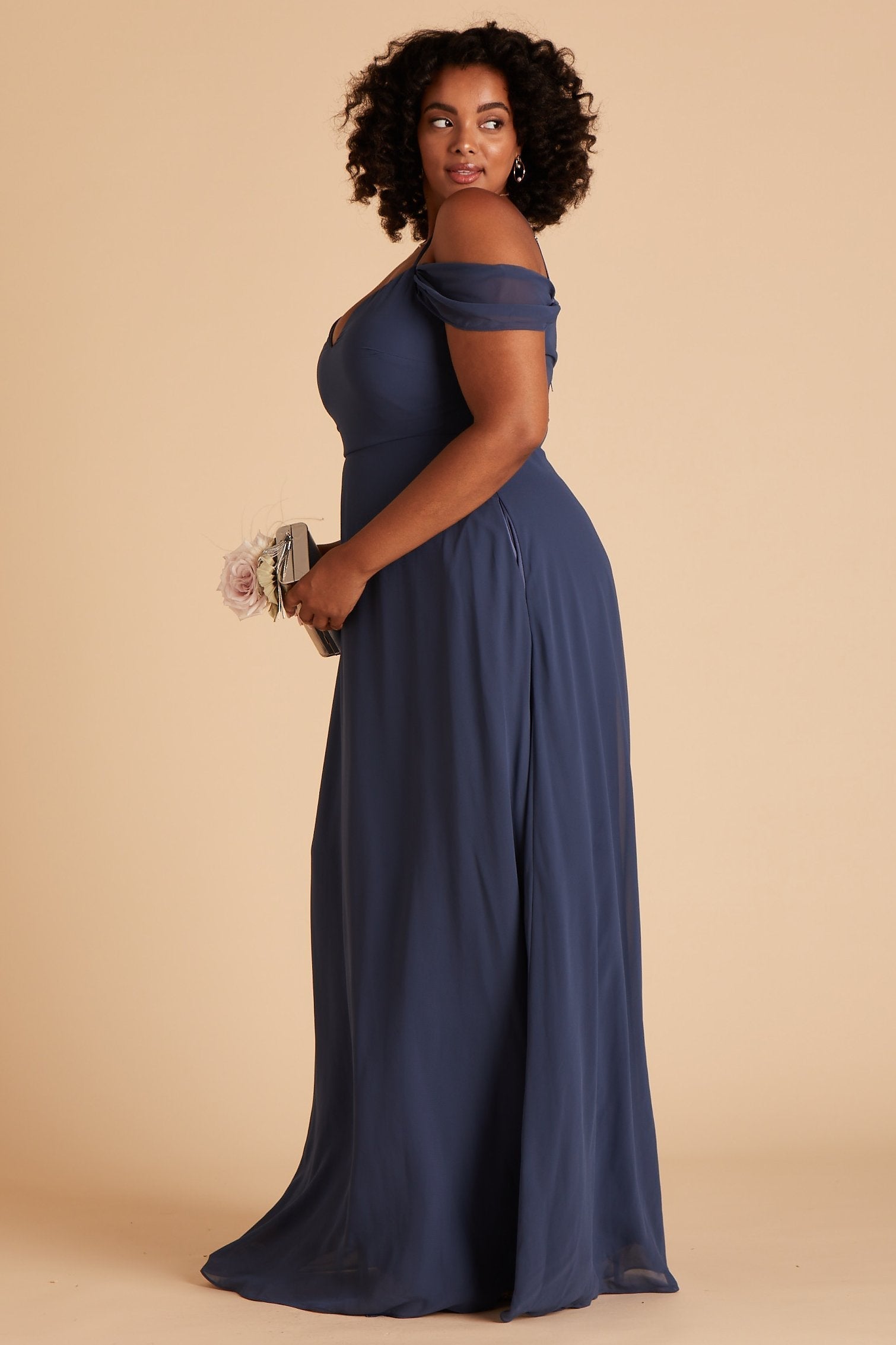 Devin convertible plus size bridesmaids dress in slate blue chiffon by Birdy Grey, side view