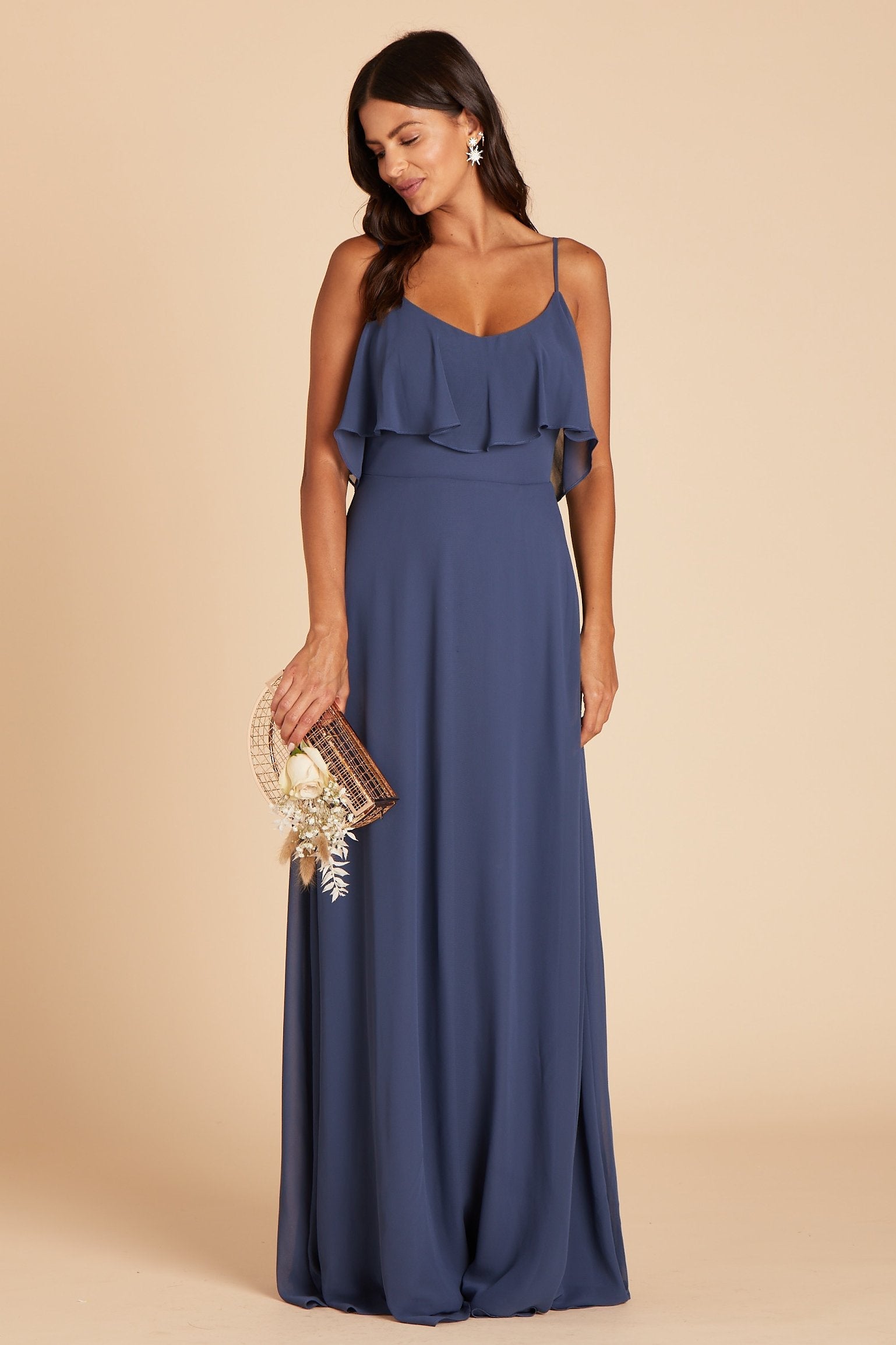 Jane convertible bridesmaid dress in slate blue chiffon by Birdy Grey, front view