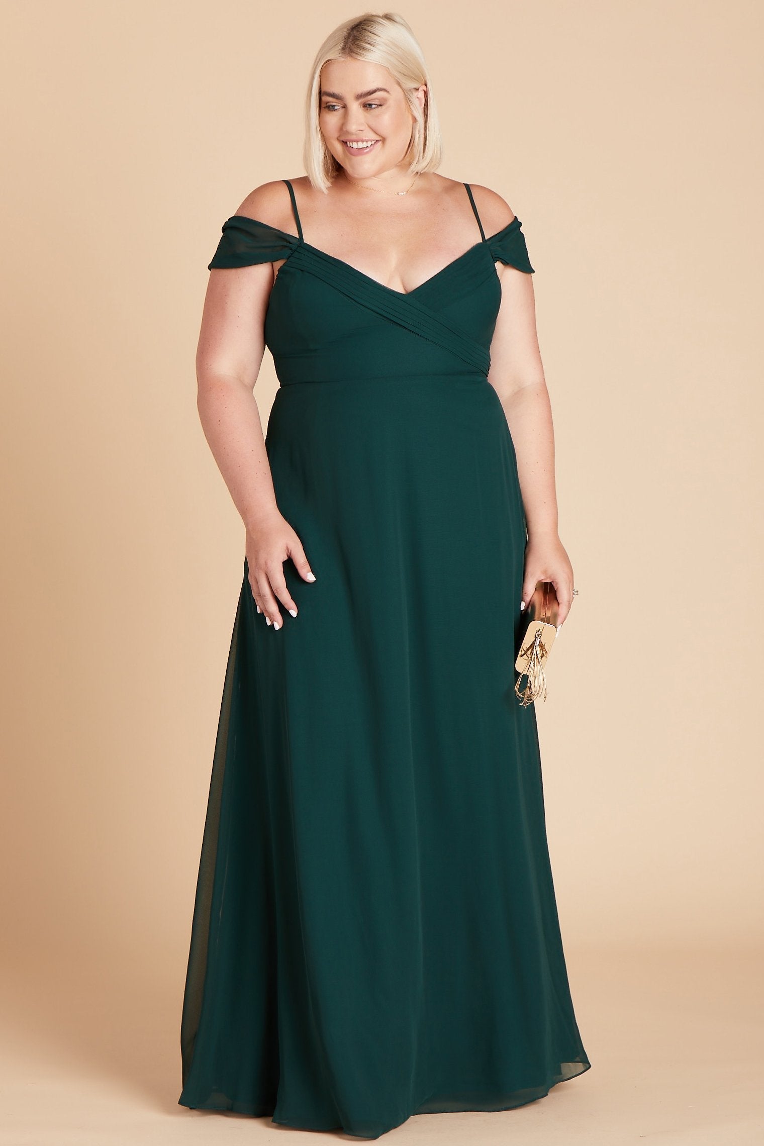 Spence convertible plus size bridesmaid dress in emerald green chiffon by Birdy Grey, front view