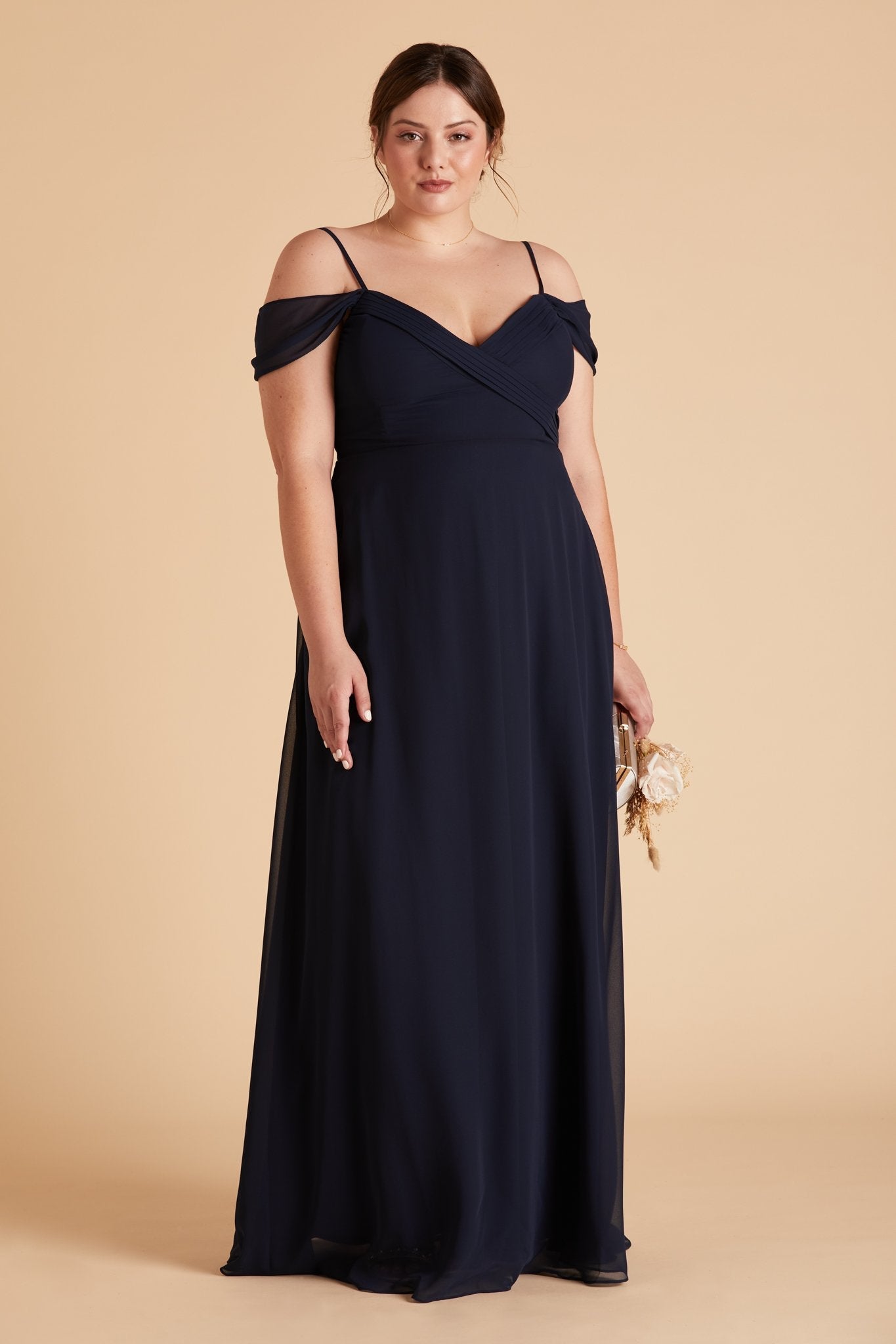 Spence convertible plus size bridesmaid dress in navy blue chiffon by Birdy Grey, front view