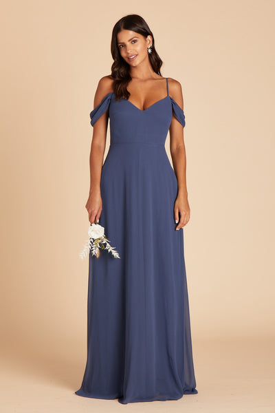 Devin convertible bridesmaids dress in slate blue chiffon by Birdy Grey, front view