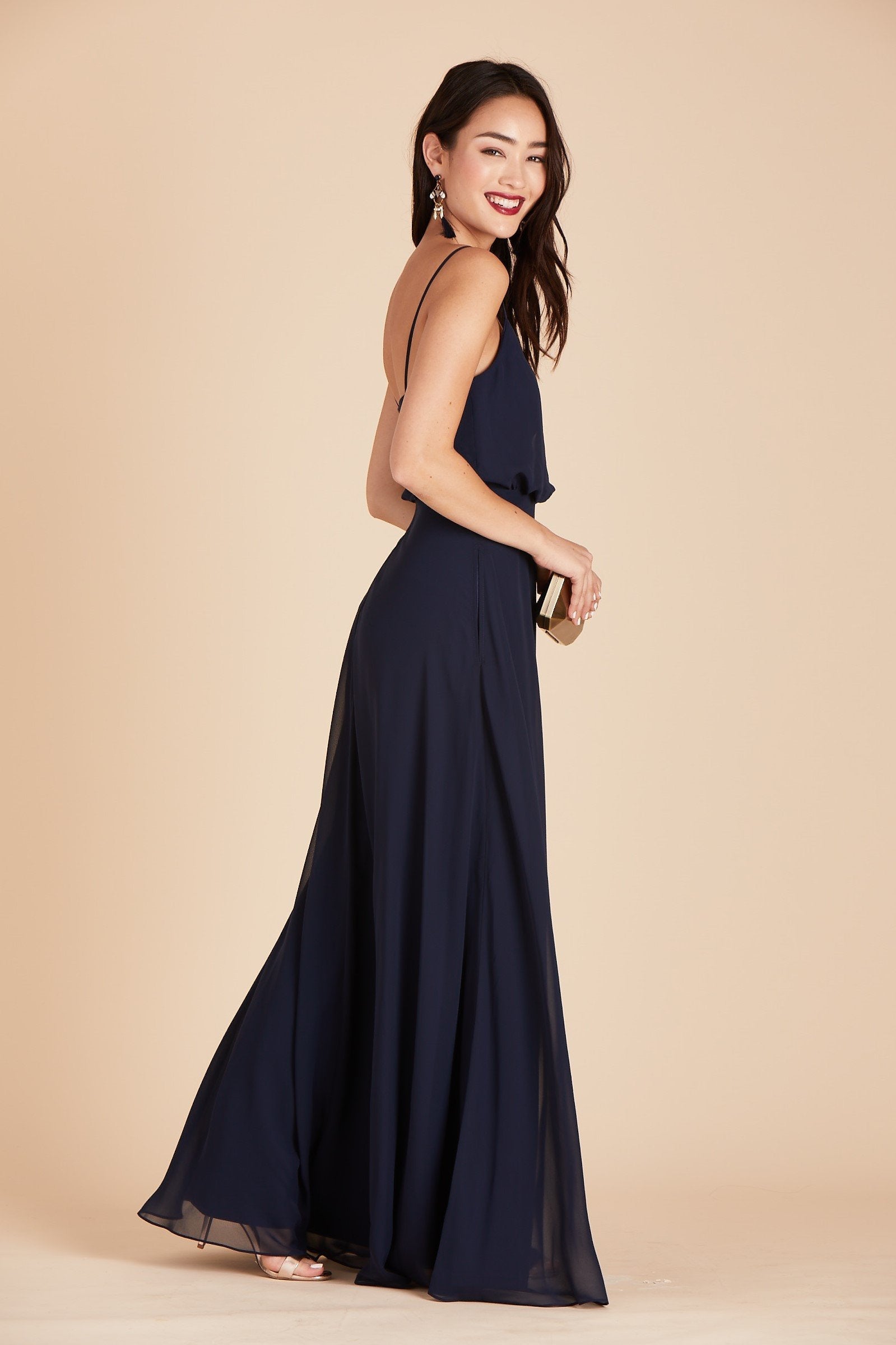 Gwennie bridesmaid dress in navy blue chiffon by Birdy Grey, side view