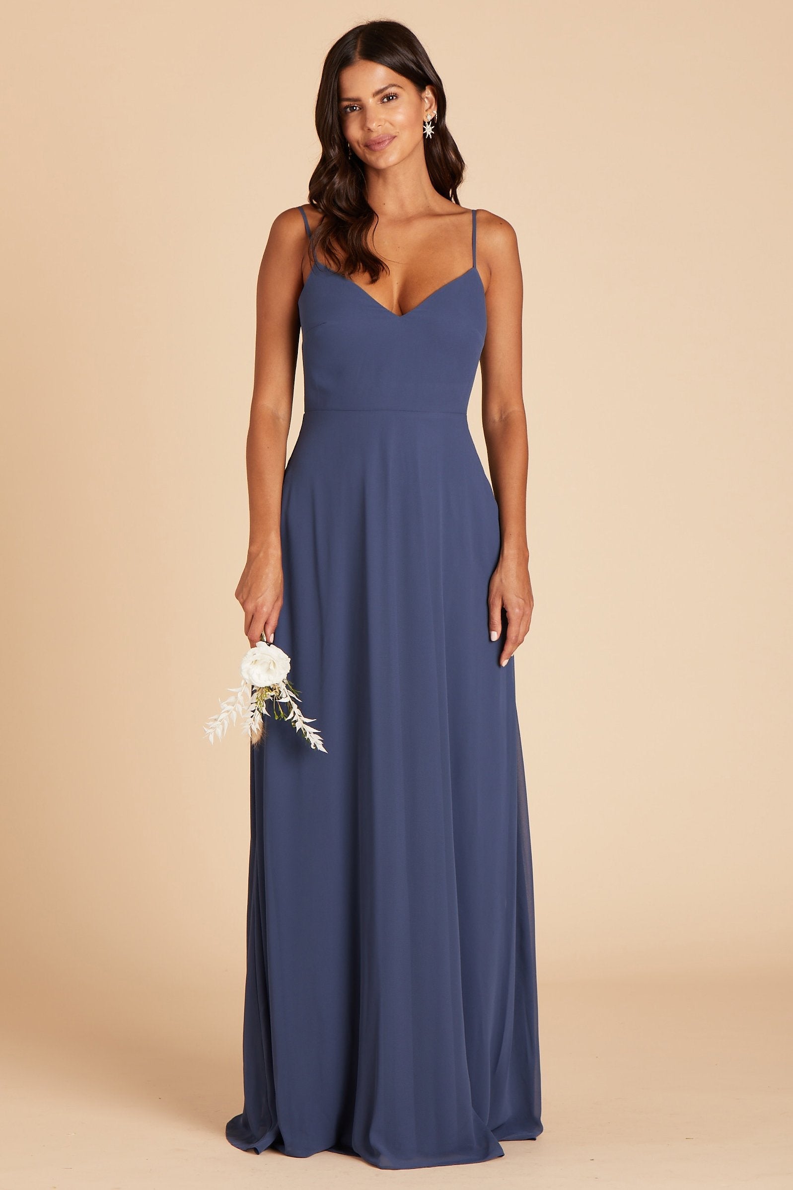 Devin convertible bridesmaids dress in slate blue chiffon by Birdy Grey, front view