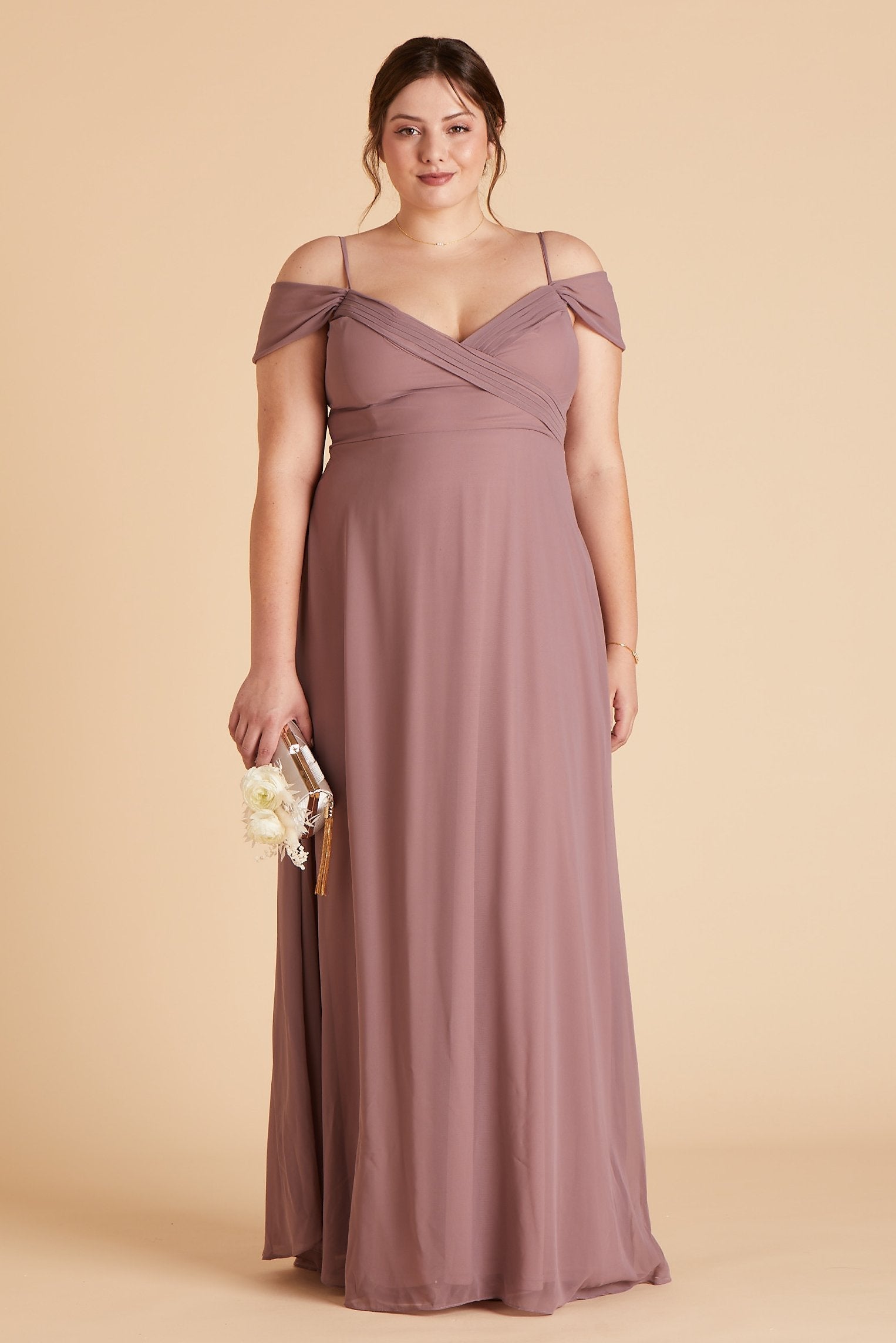 Spence convertible plus size bridesmaid dress in dark mauve chiffon by Birdy Grey, front view