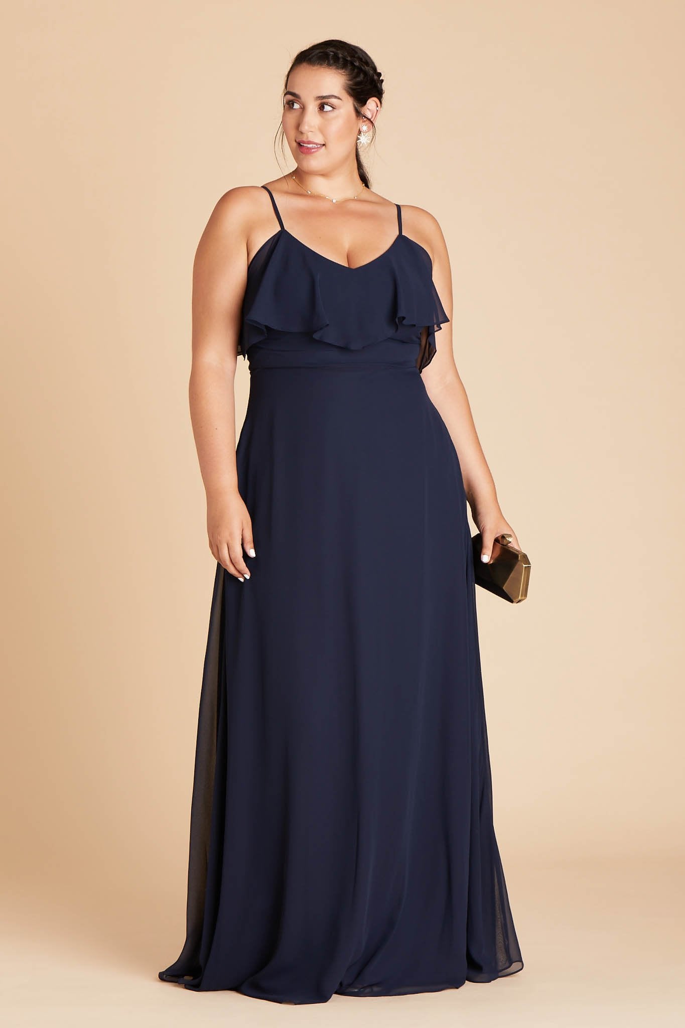 Jane convertible plus size bridesmaid dress in navy blue chiffon by Birdy Grey, front view