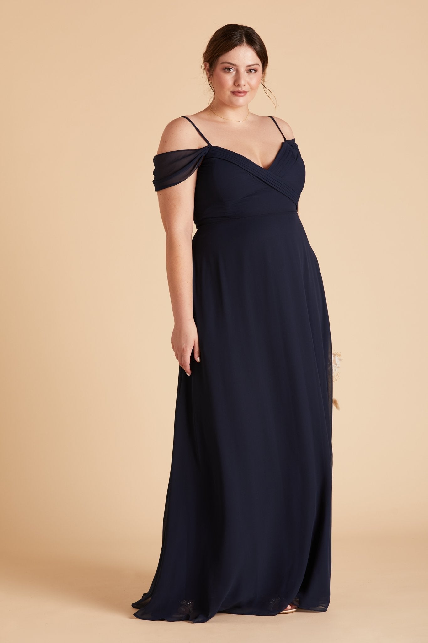 Spence convertible plus size bridesmaid dress in navy blue chiffon by Birdy Grey, front view