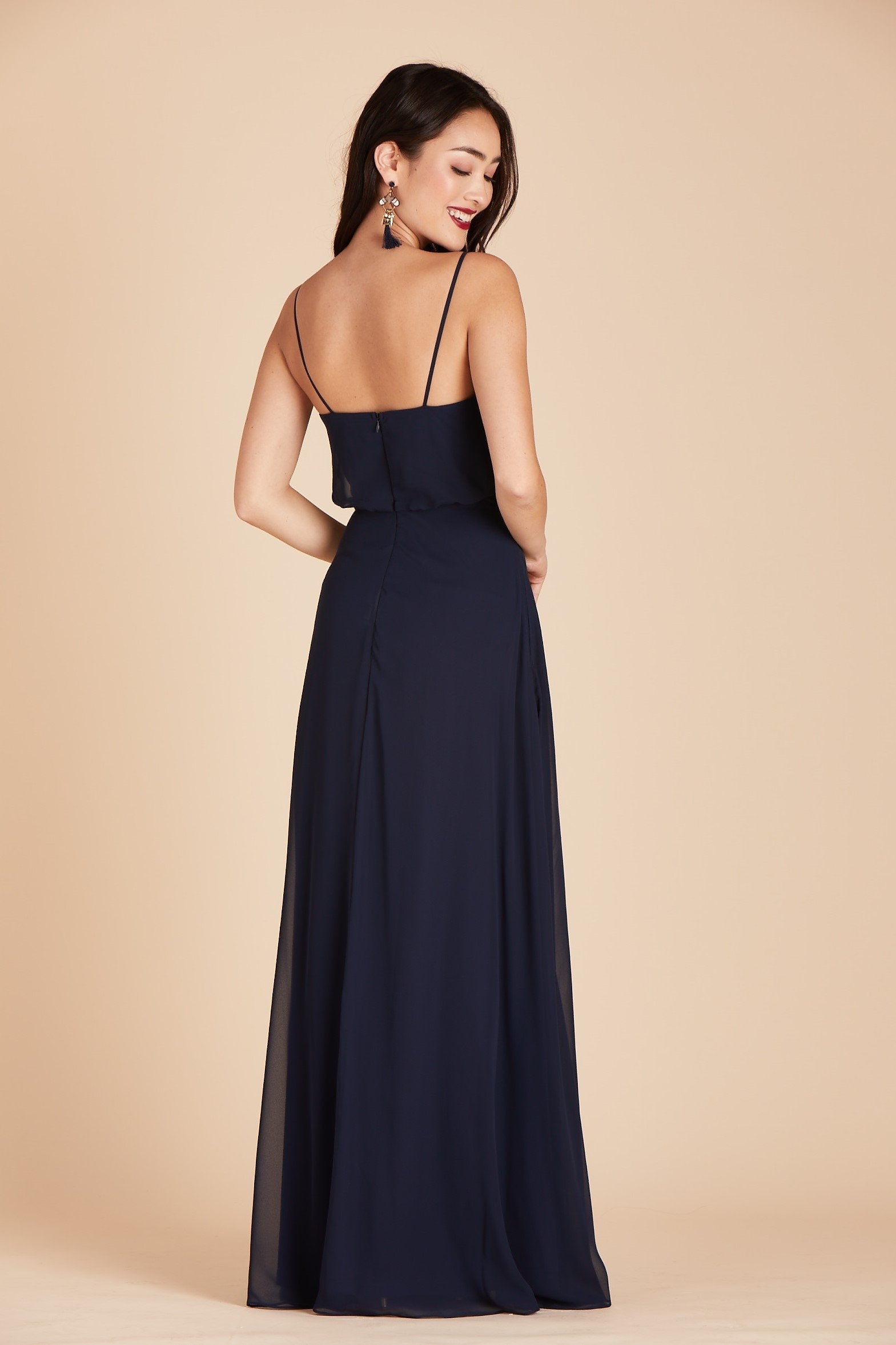 Gwennie bridesmaid dress in navy blue chiffon by Birdy Grey, back view