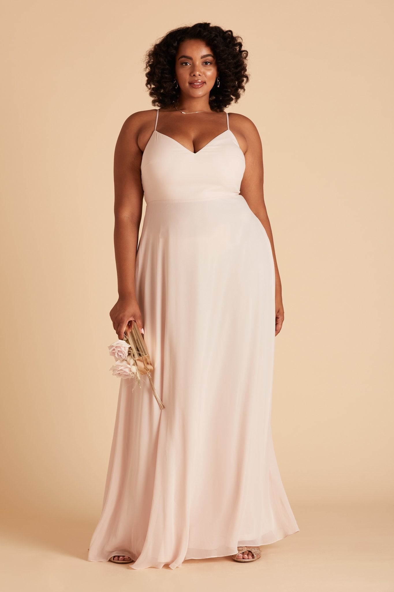 Devin convertible plus size bridesmaids dress in pale blush chiffon by Birdy Grey, front view