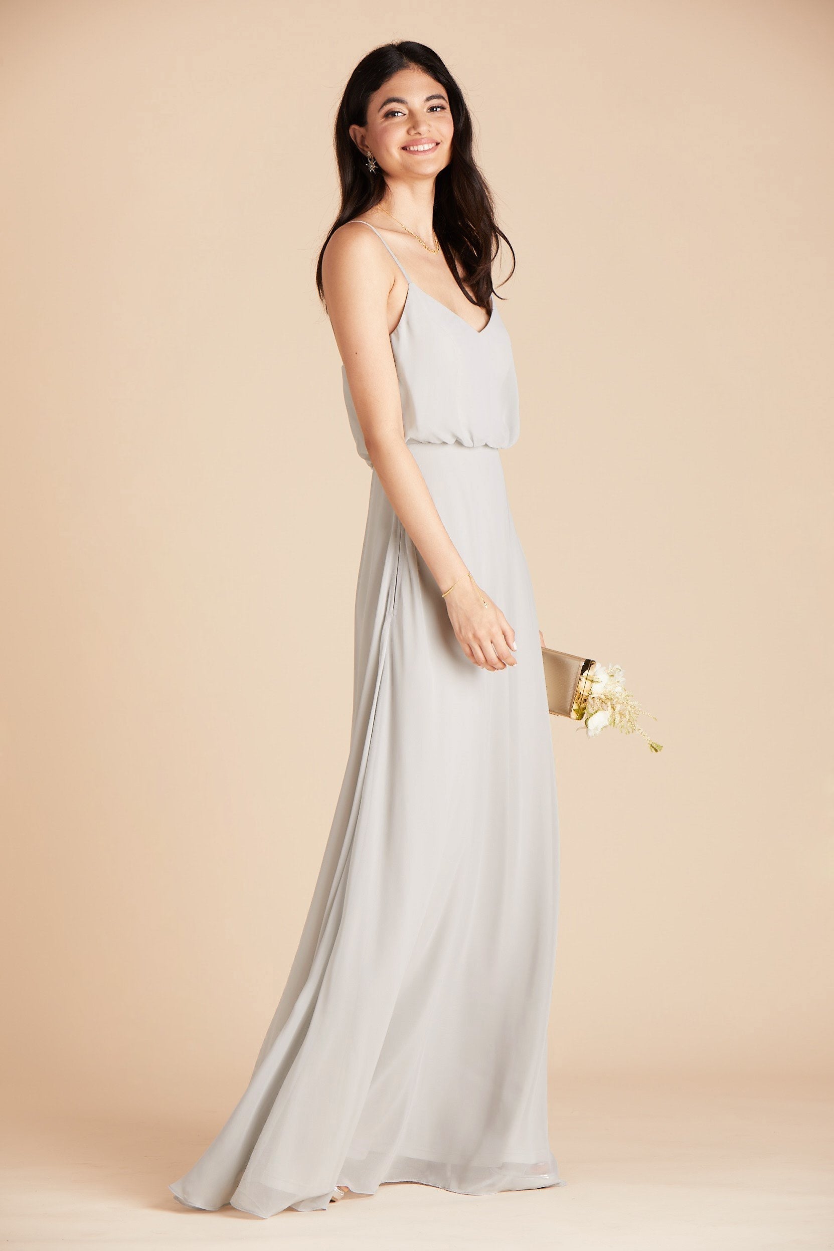 Gwennie bridesmaid dress in dove gray chiffon by Birdy Grey, side view